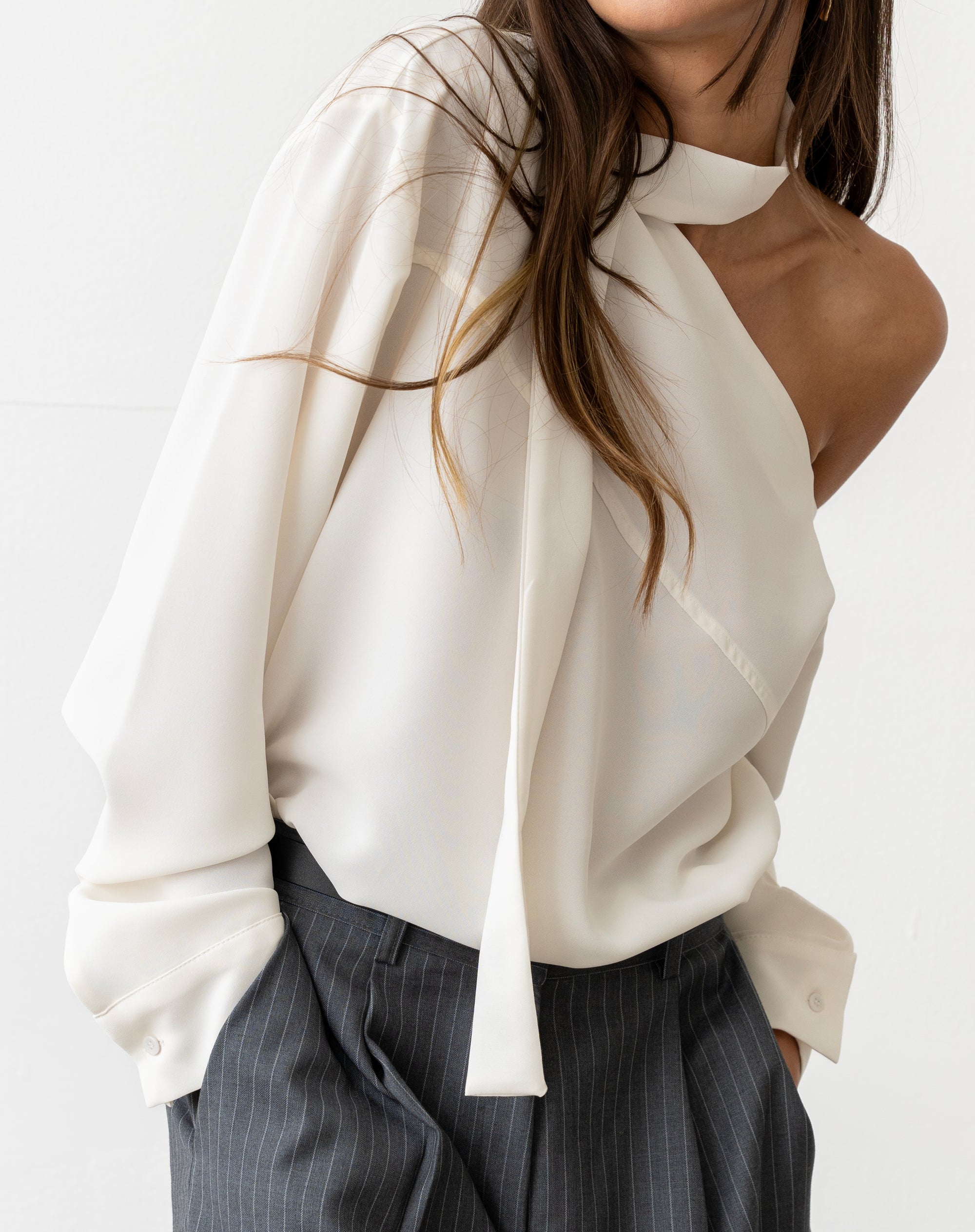 Nolan Asymmetrical Off Shoulder Scarf Blouse, White