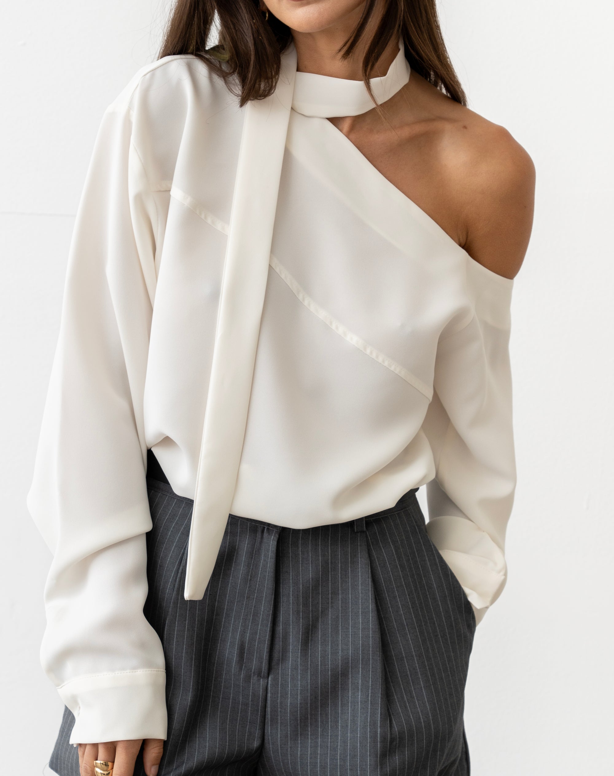 Nolan Asymmetrical Off Shoulder Scarf Blouse, White