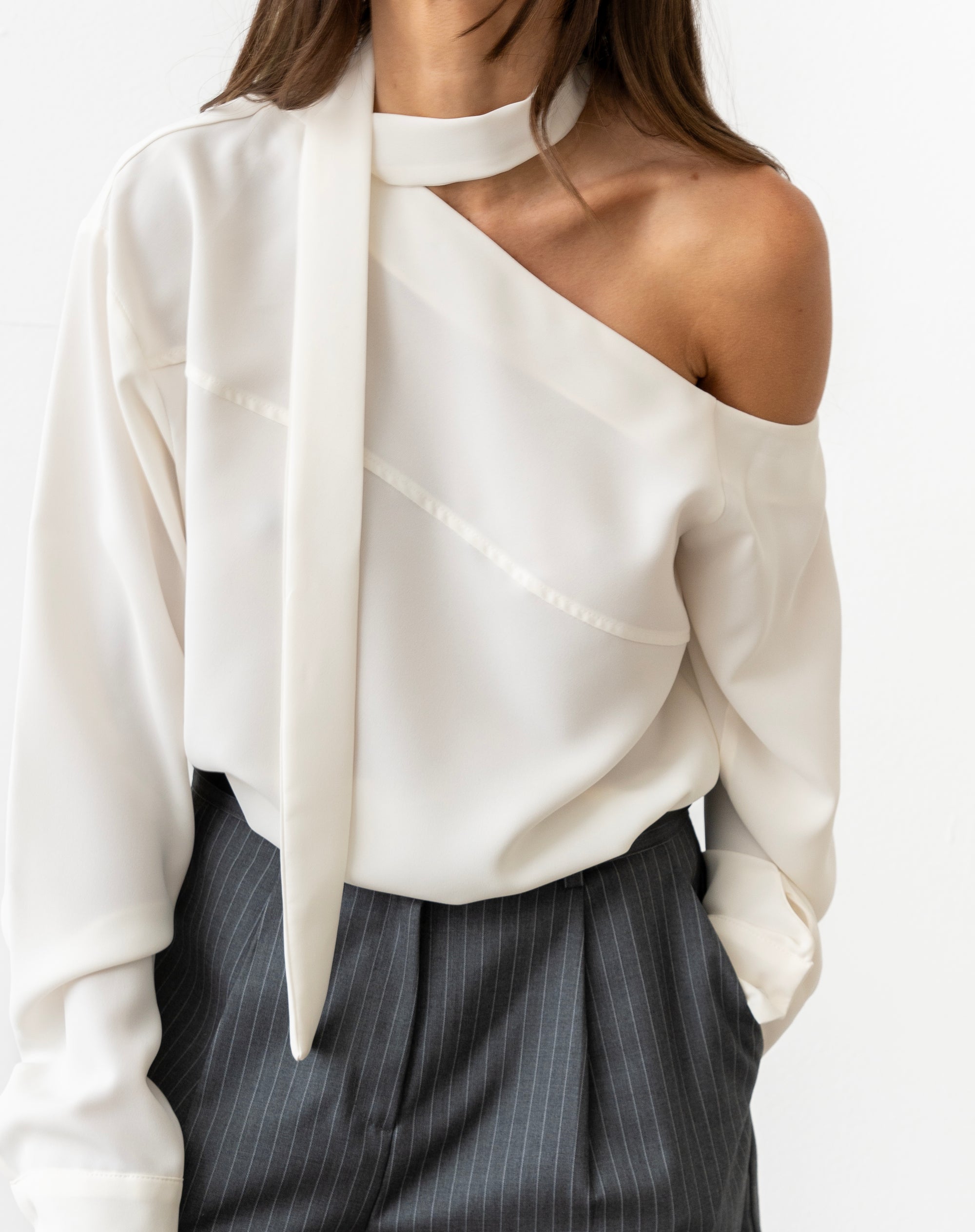 Nolan Asymmetrical Off Shoulder Scarf Blouse, White