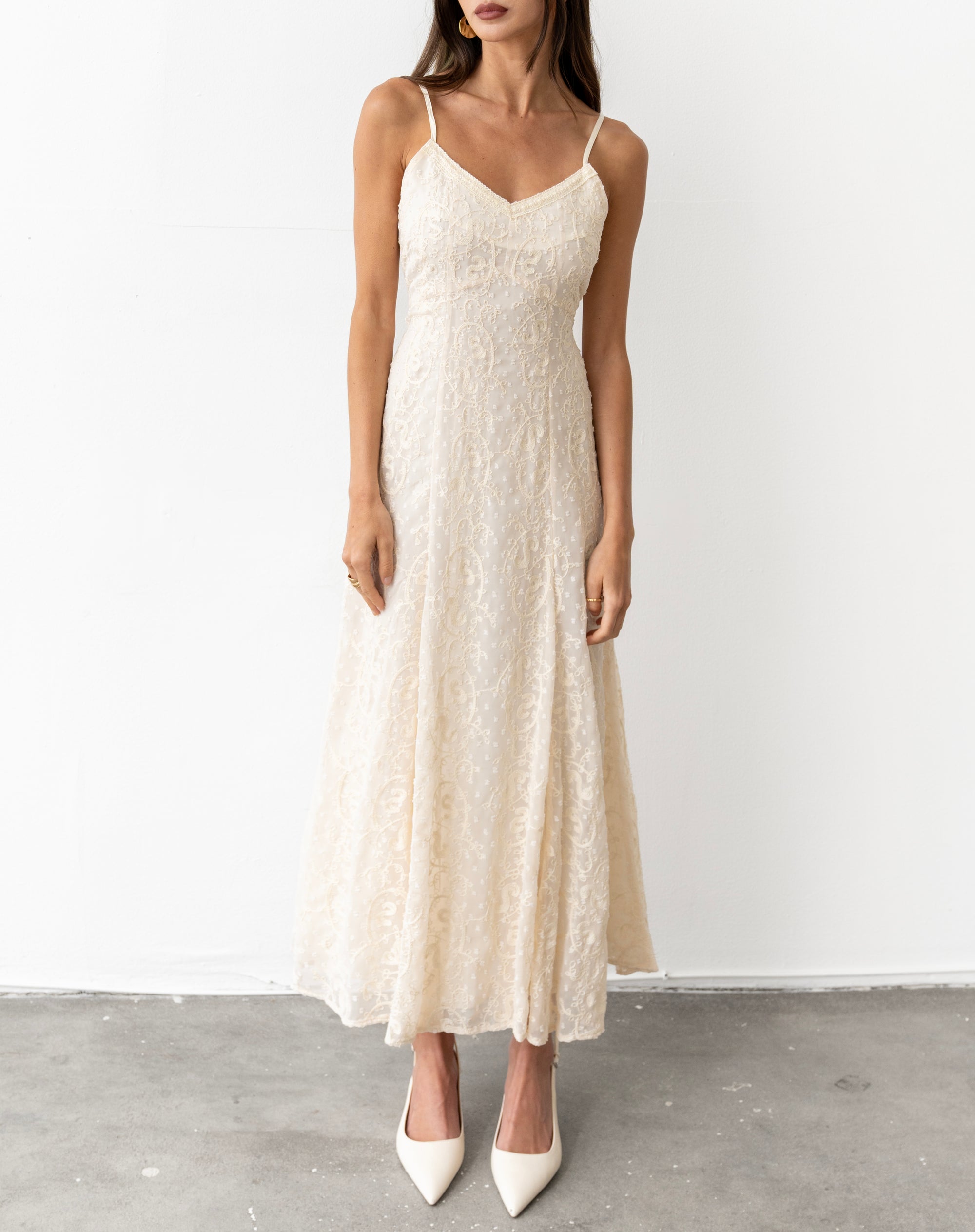 Evie Lace Flared Maxi Dress, Ivory