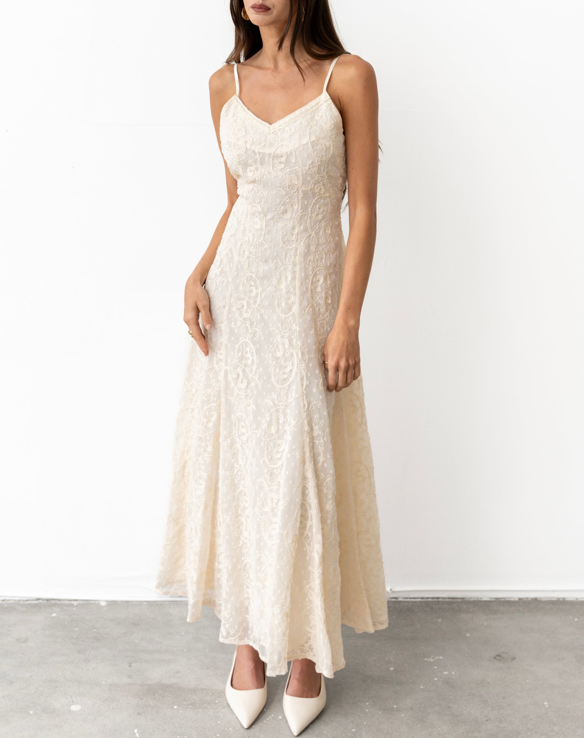 Evie Lace Flared Maxi Dress, Ivory