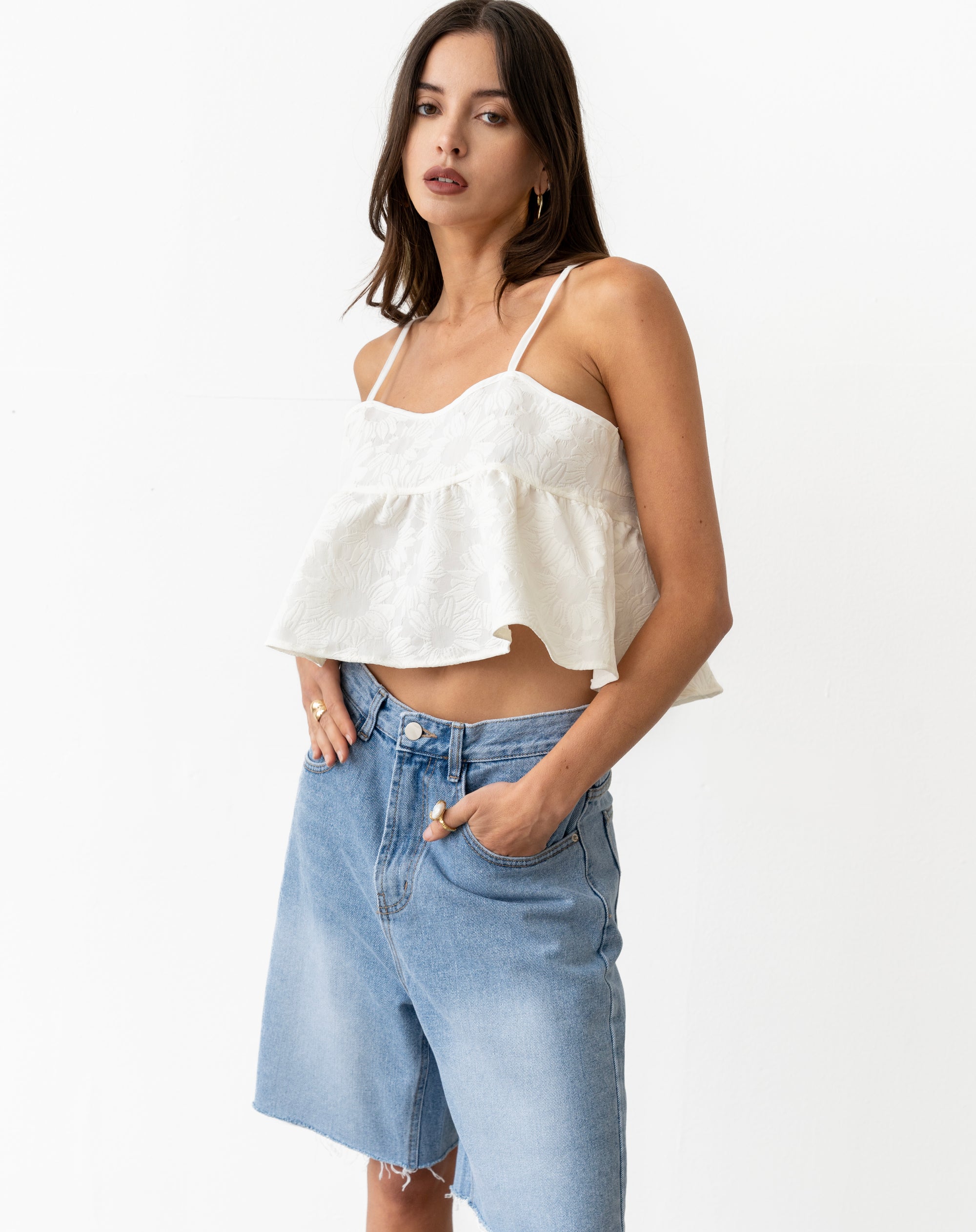 Wyatt Jacquard Sleeveless Crop Top, White