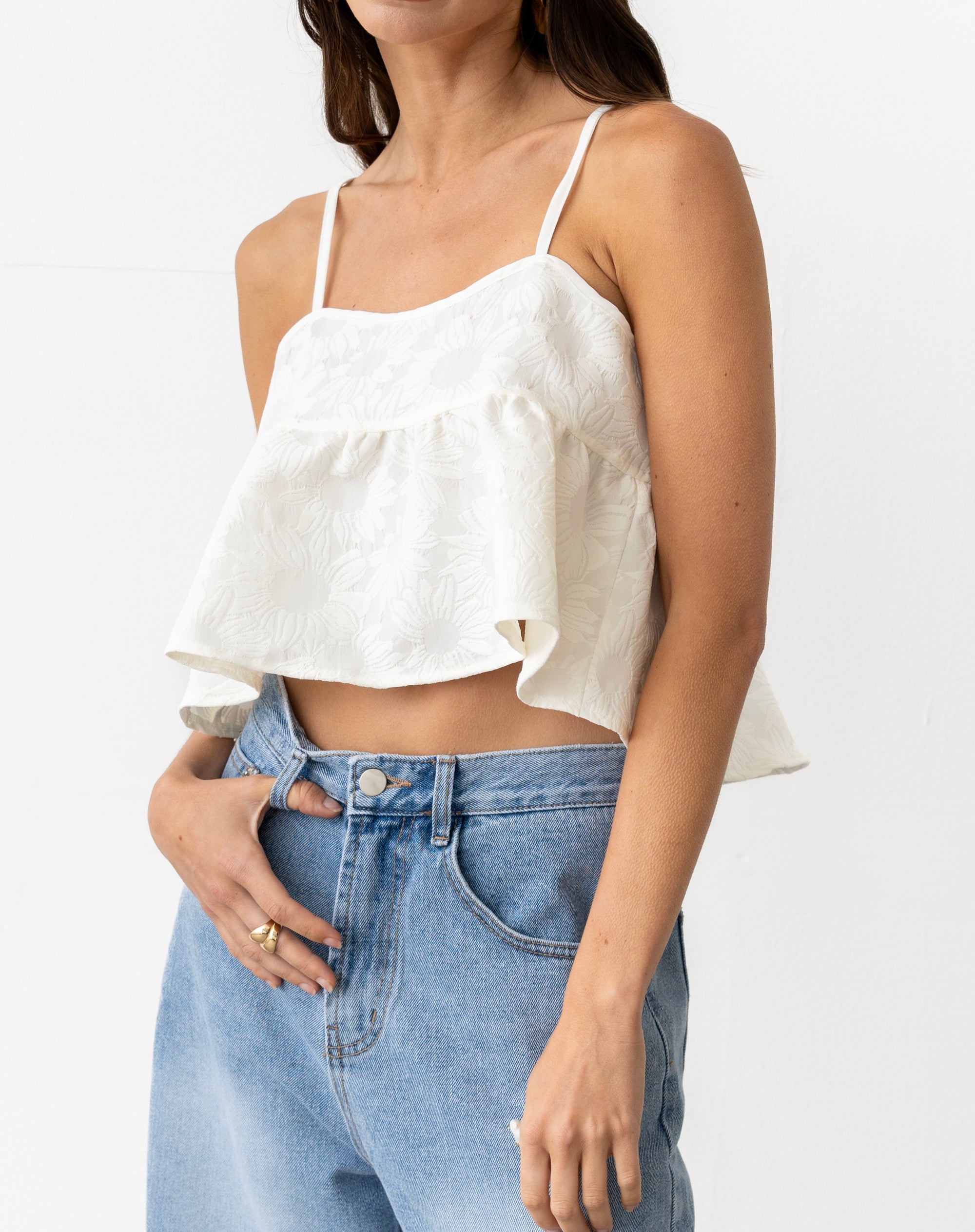 Wyatt Jacquard Sleeveless Crop Top, White