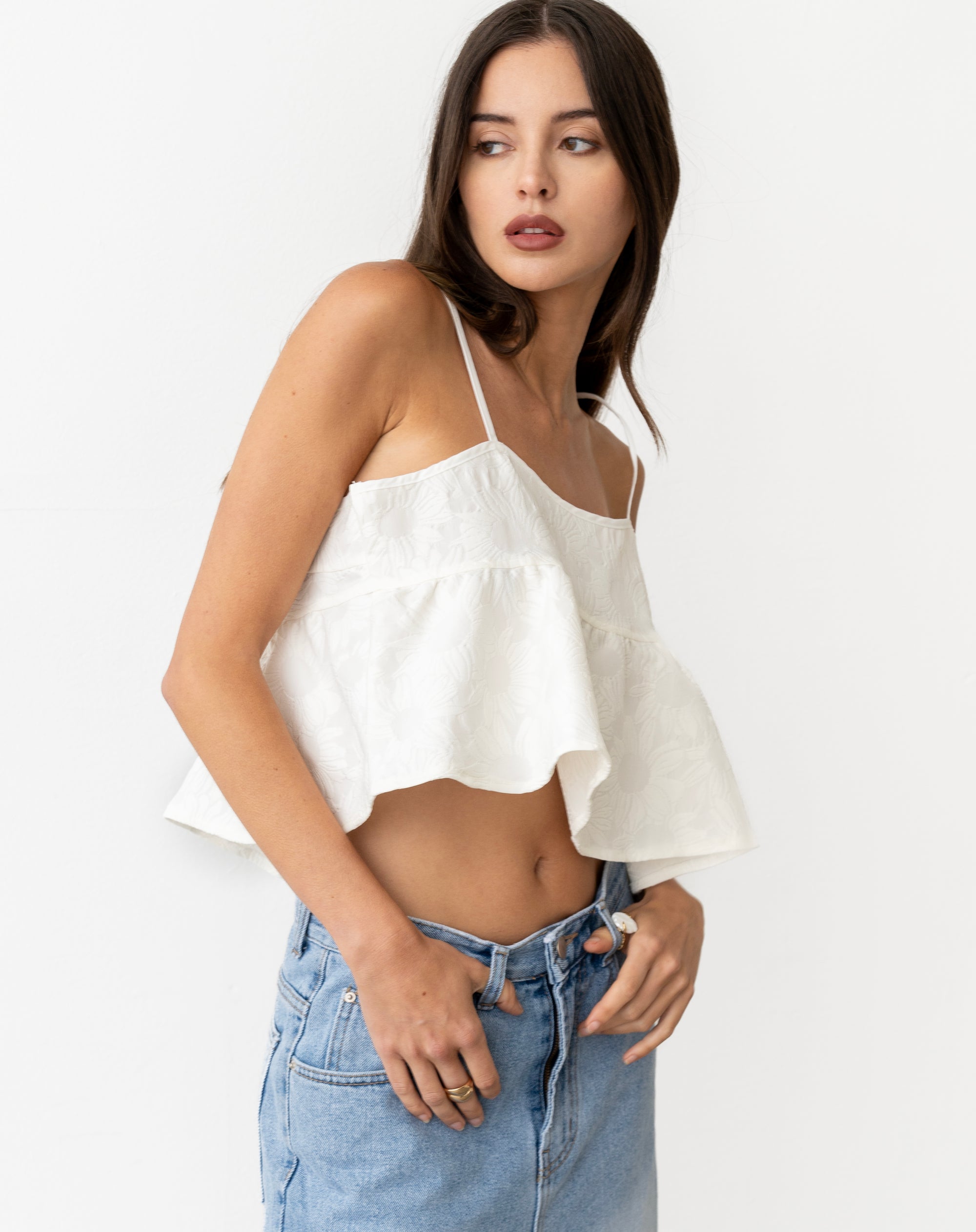 Wyatt Jacquard Sleeveless Crop Top, White