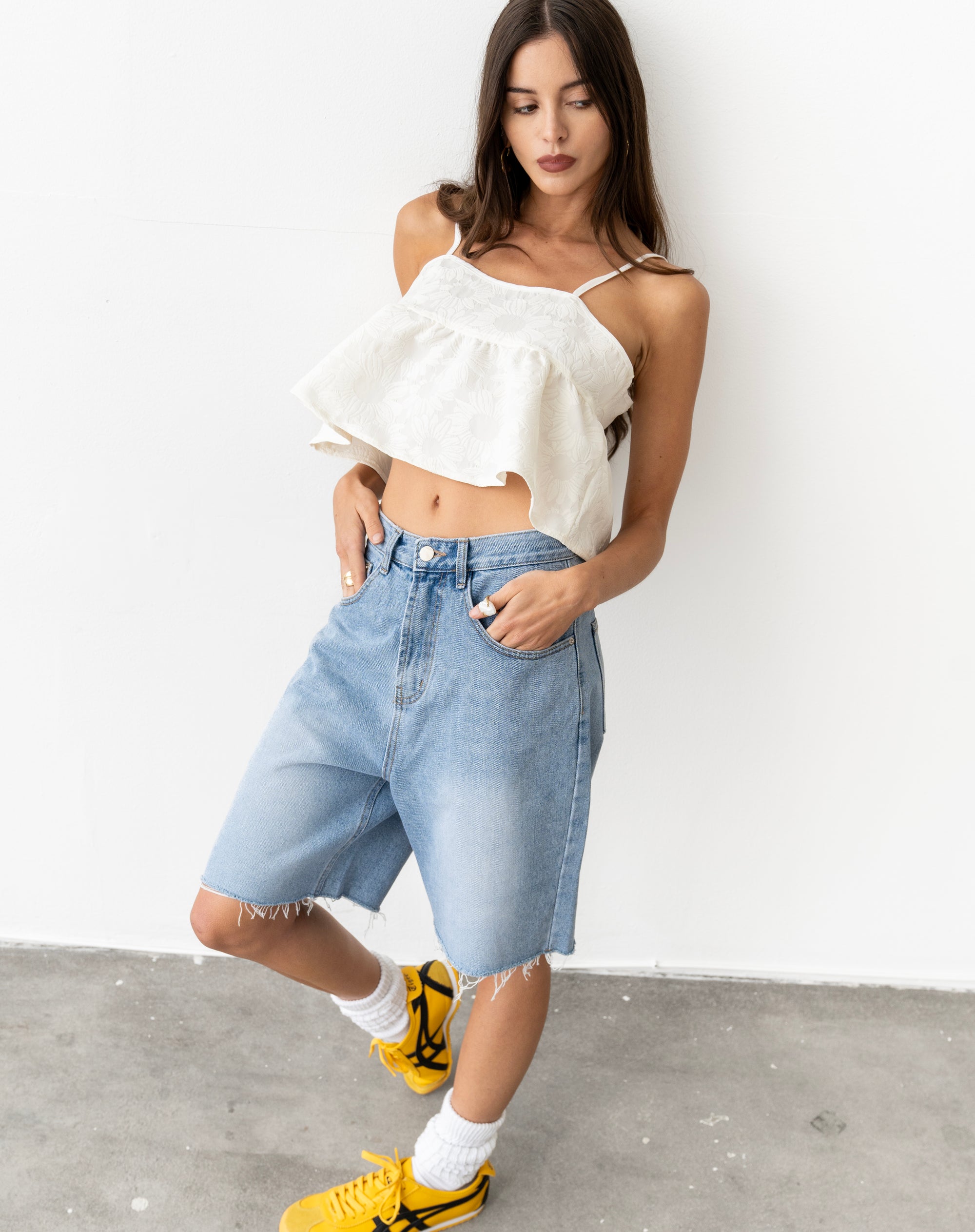 Wyatt Jacquard Sleeveless Crop Top, White