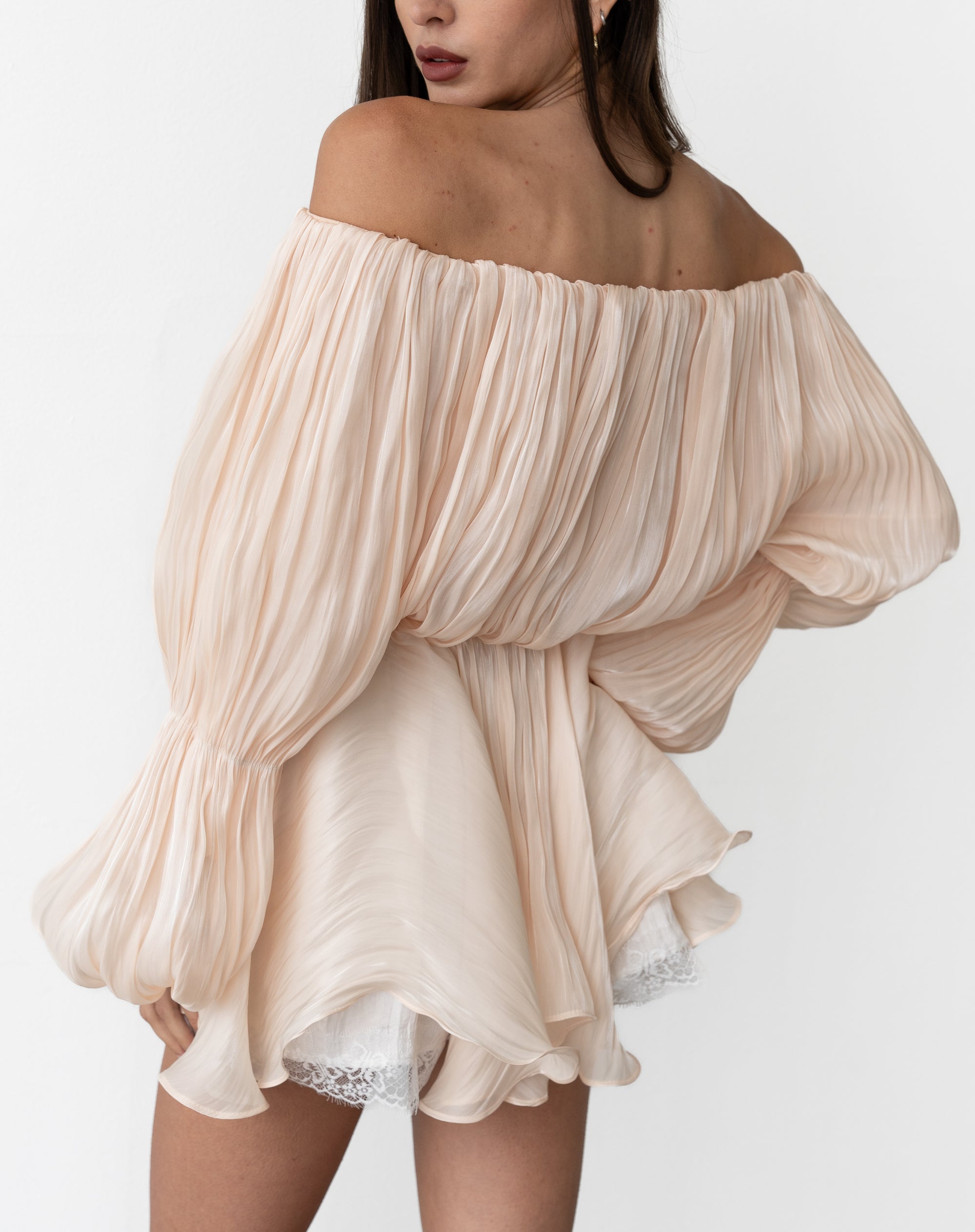 Elora Off Shoulder Gathering Blouse Top, Peach