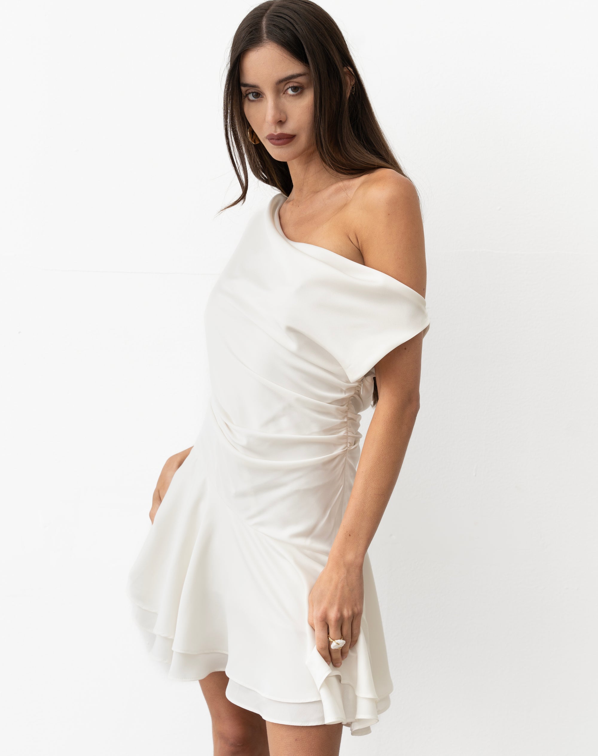 Molly Asymmetrical Shoulder Mini Dress, White