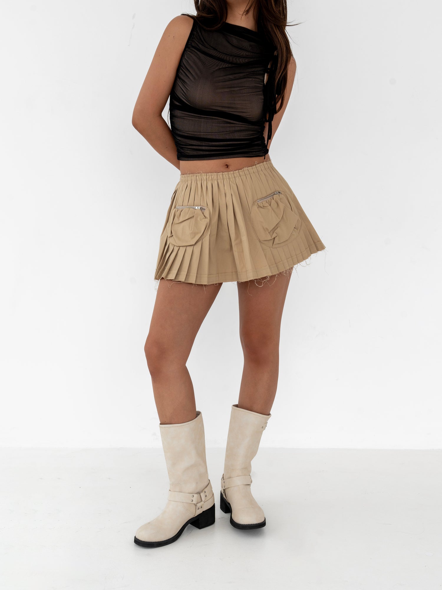 Jade Low Waist Pleated Skirt, Brown