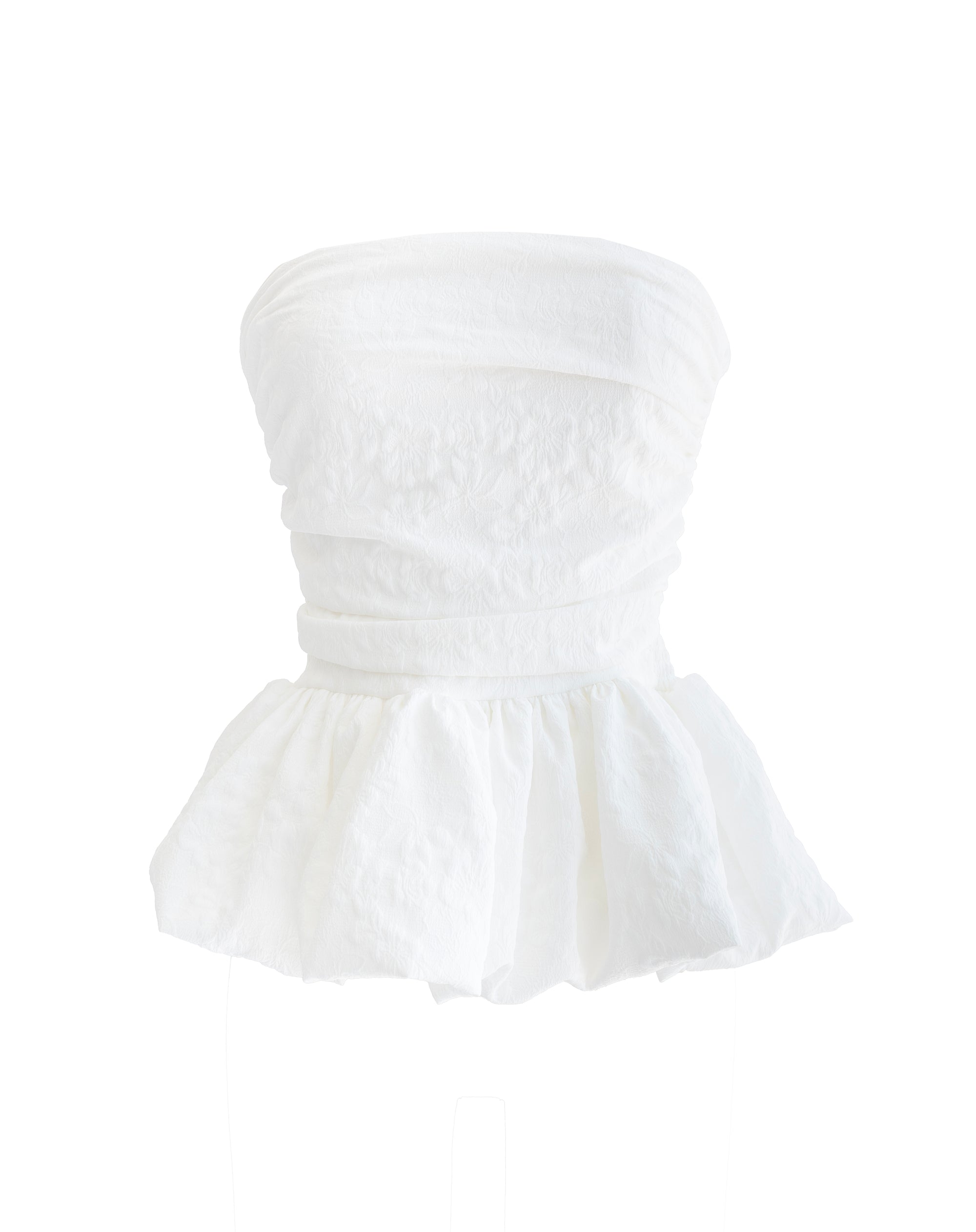 Top de tubo con peplum de jacquard de encaje rubí, blanco