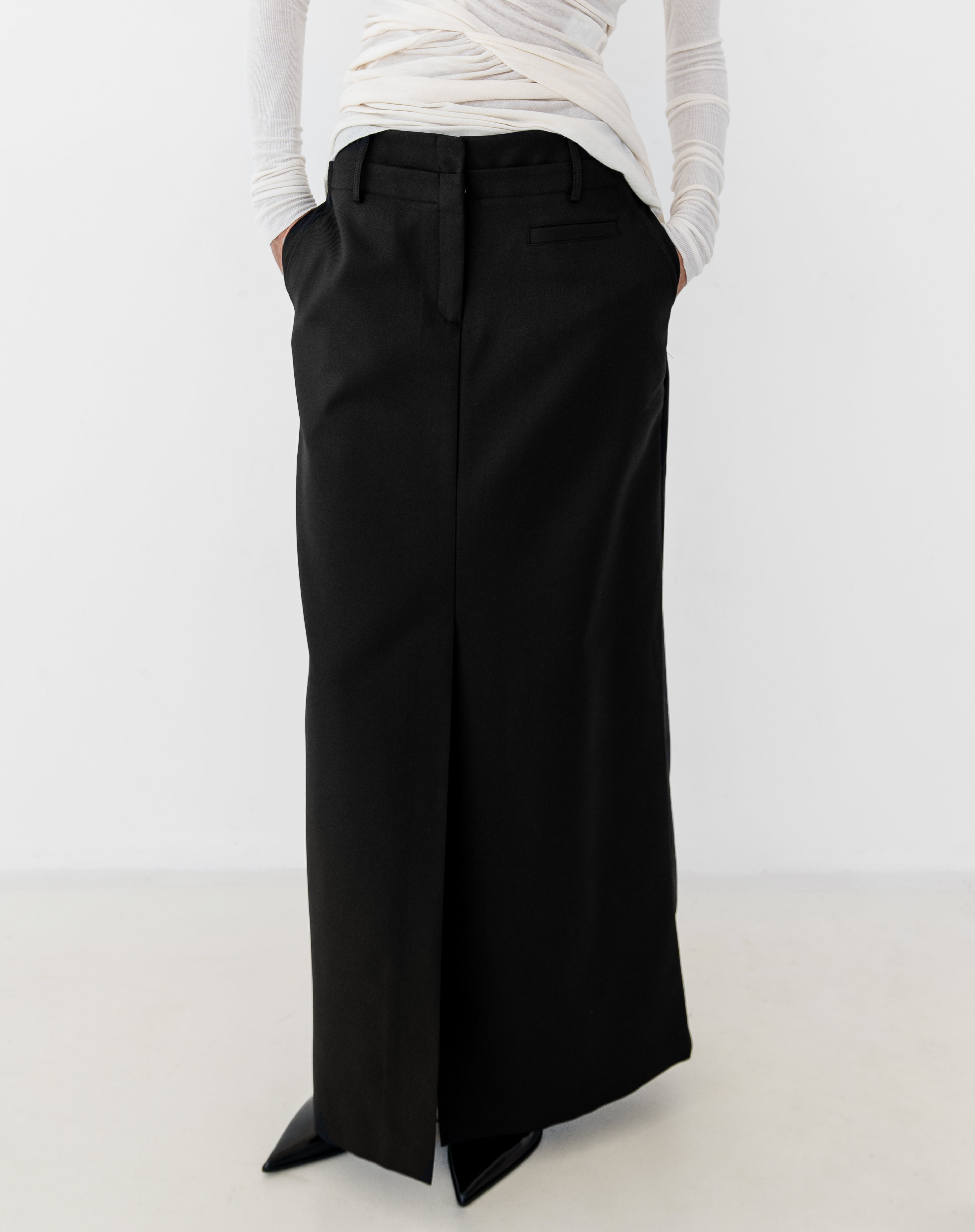 Paisley Slit Long Column Skirt, Black