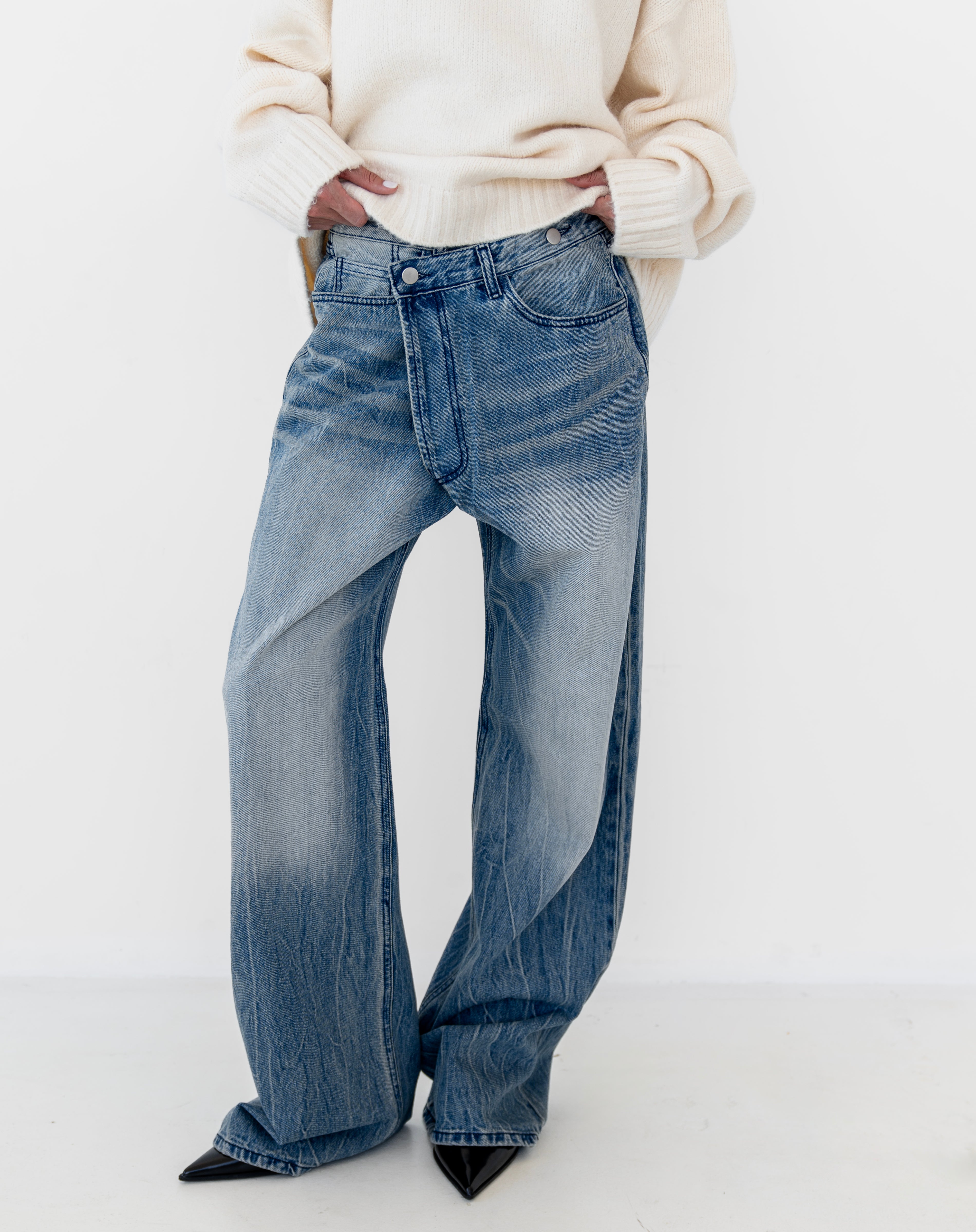 Asher Asymmetrical Waistband Jeans, Mid Wash