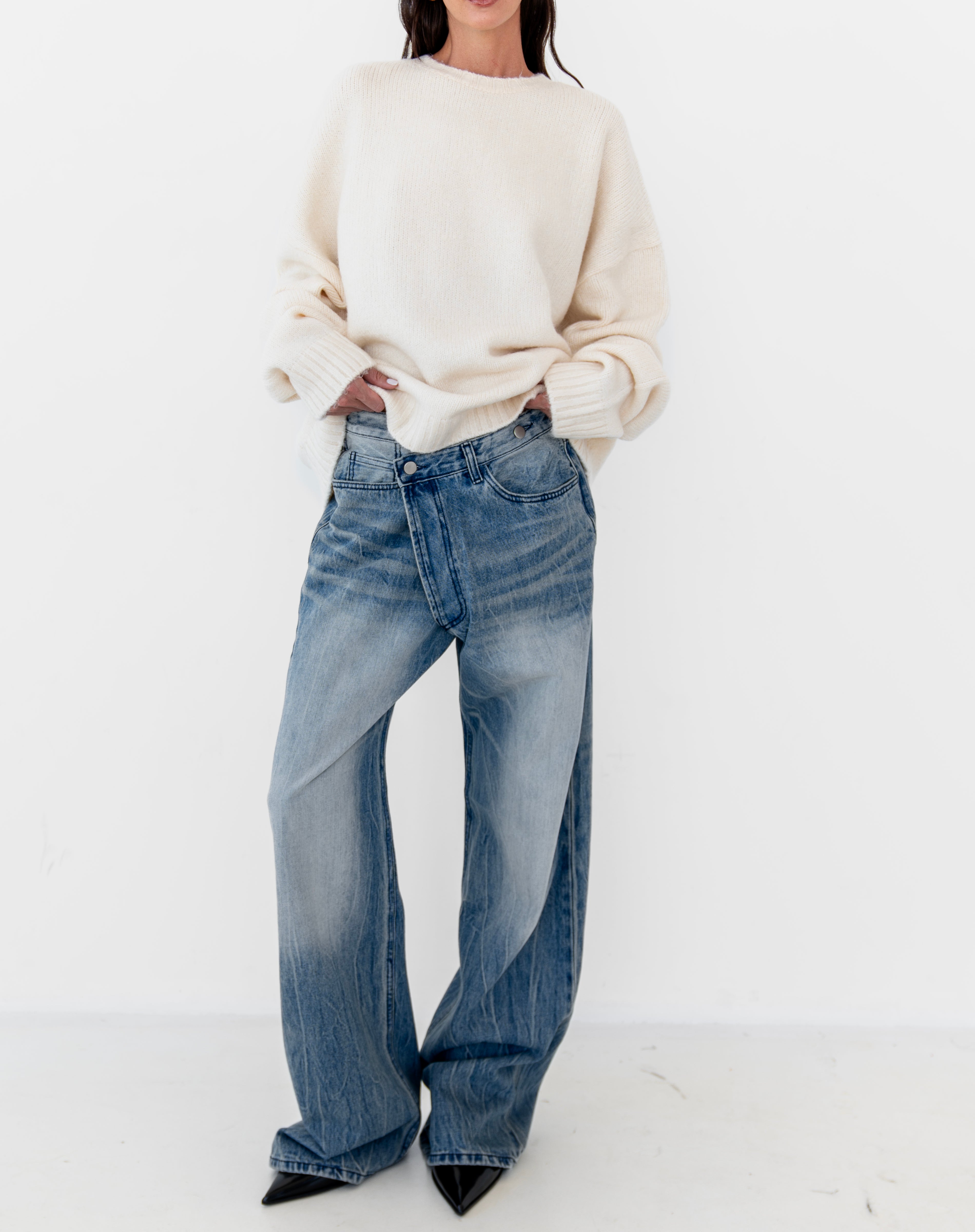 Asher Asymmetrical Waistband Jeans, Mid Wash