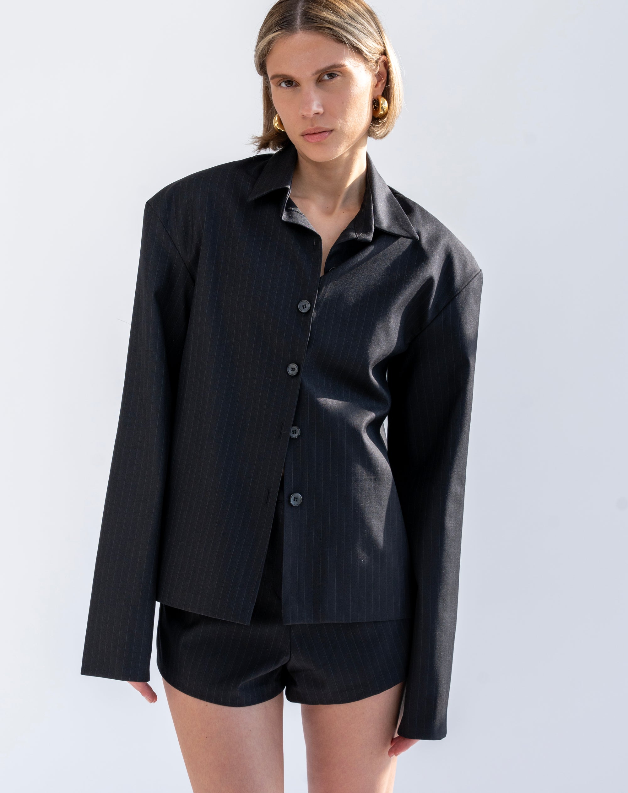 Hazel Pin Striped Shirt And Short Set, Black