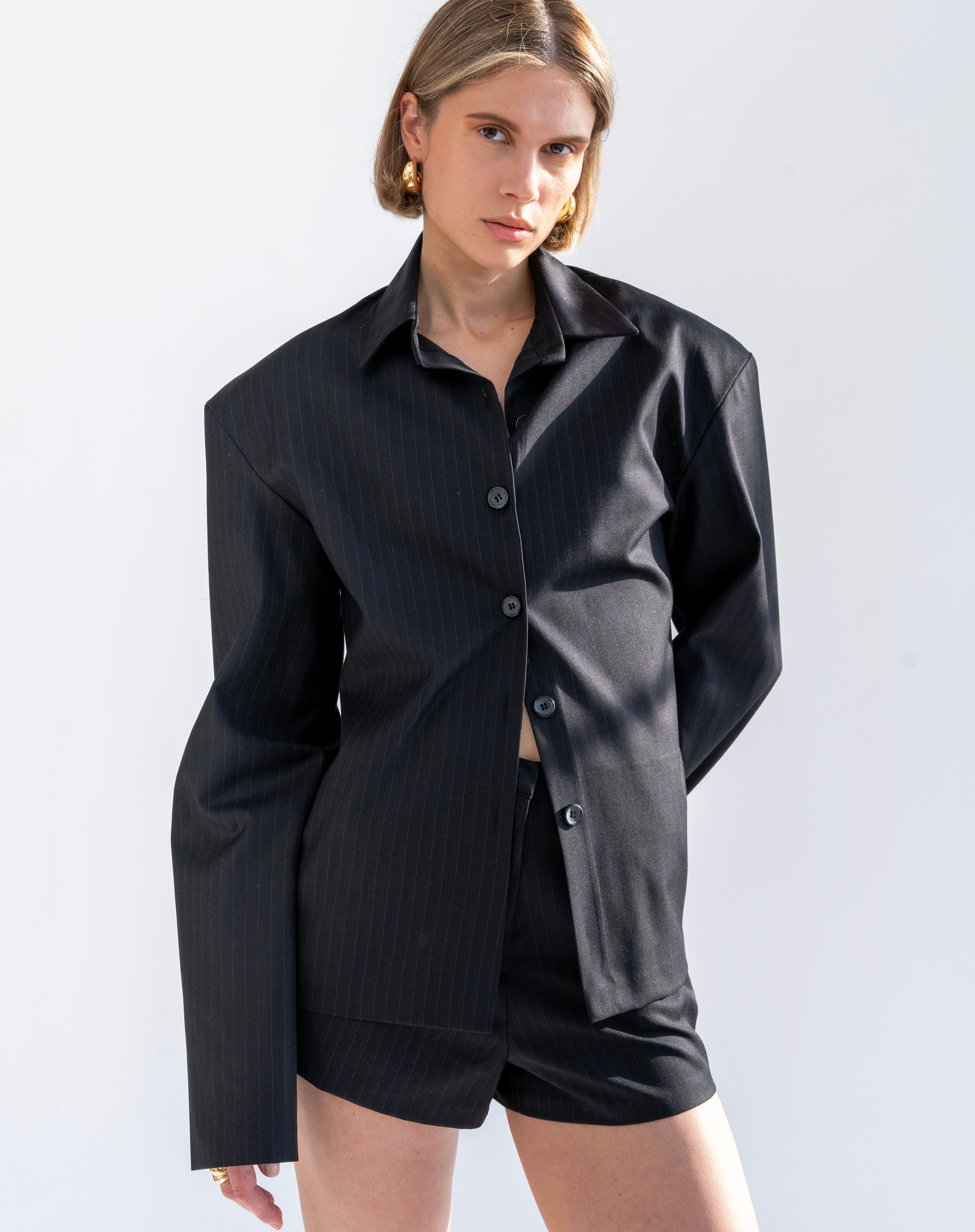 Hazel Pin Striped Shirt And Short Set, Black - Pre Order