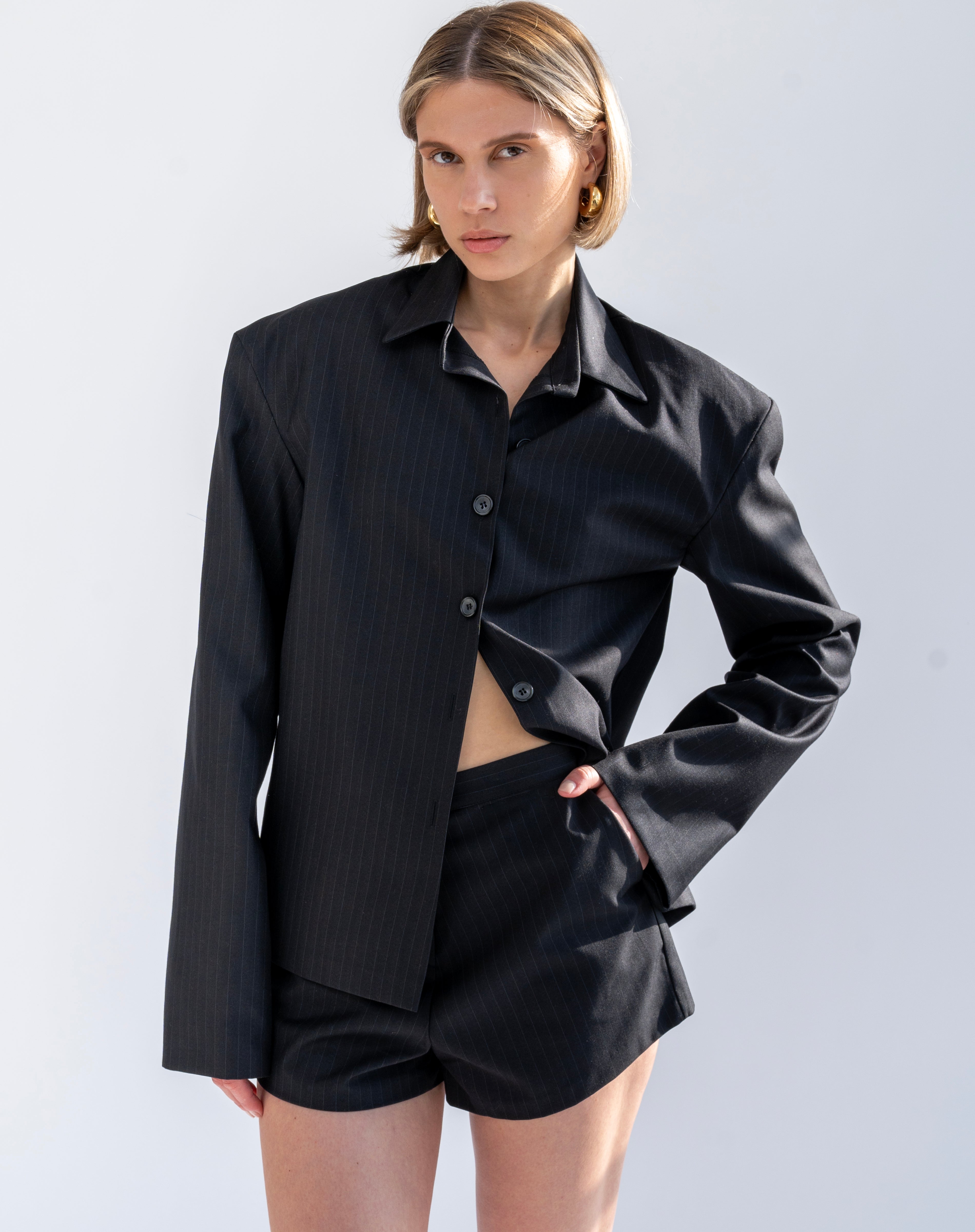 Hazel Pin Striped Shirt And Short Set, Black - Pre Order