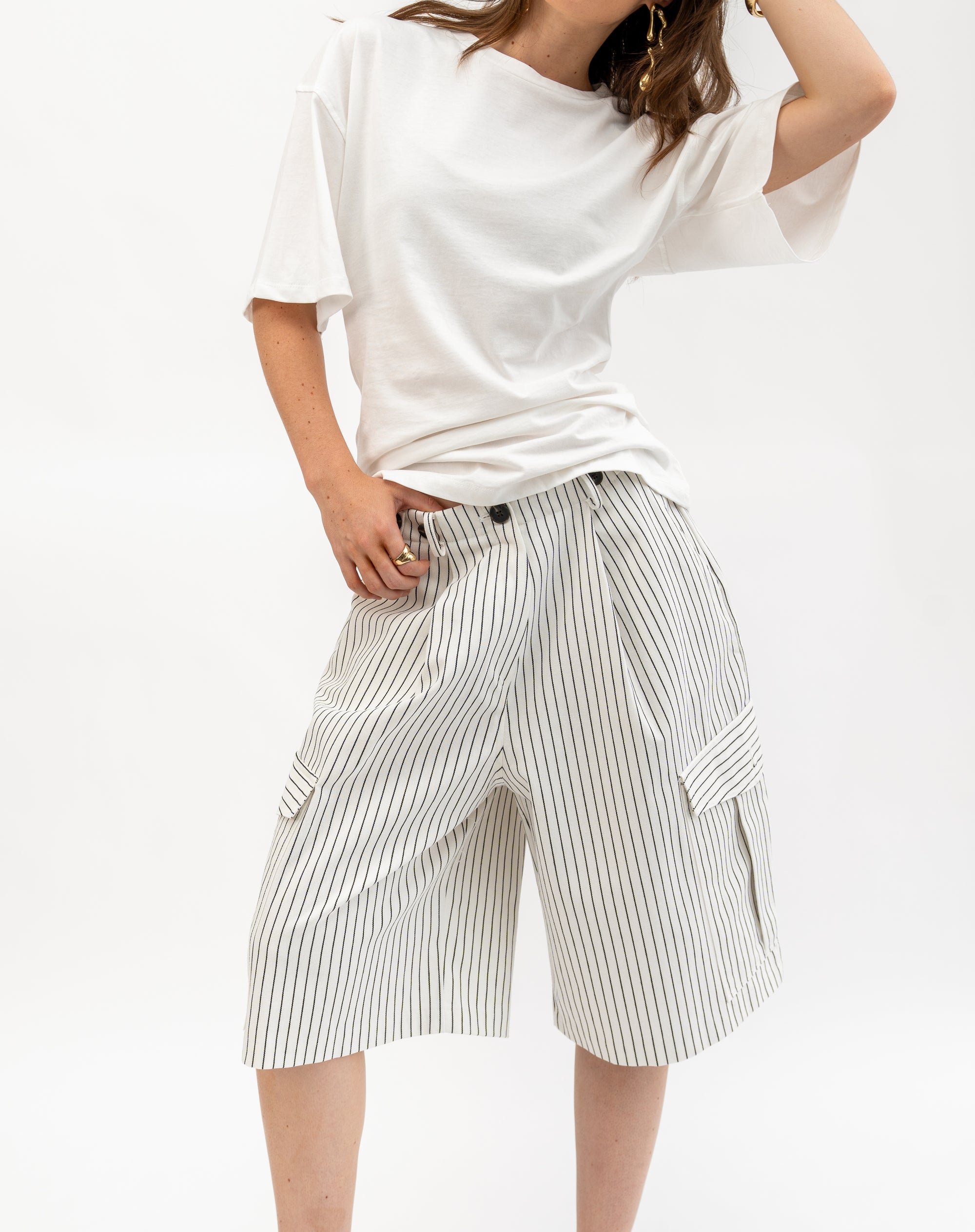 Silas Striped Utility Bermuda Pants, White