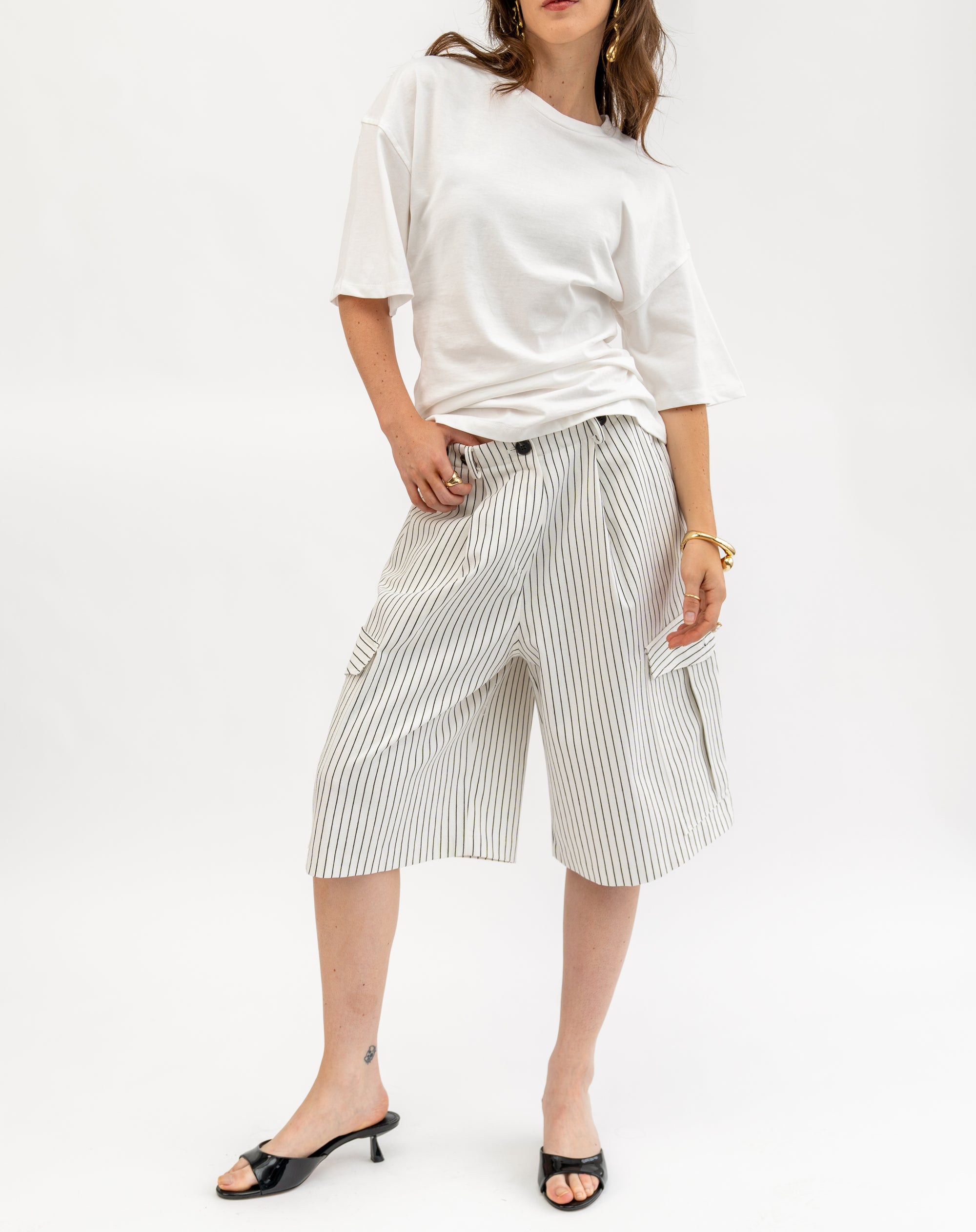 Silas Striped Utility Bermuda Pants, White