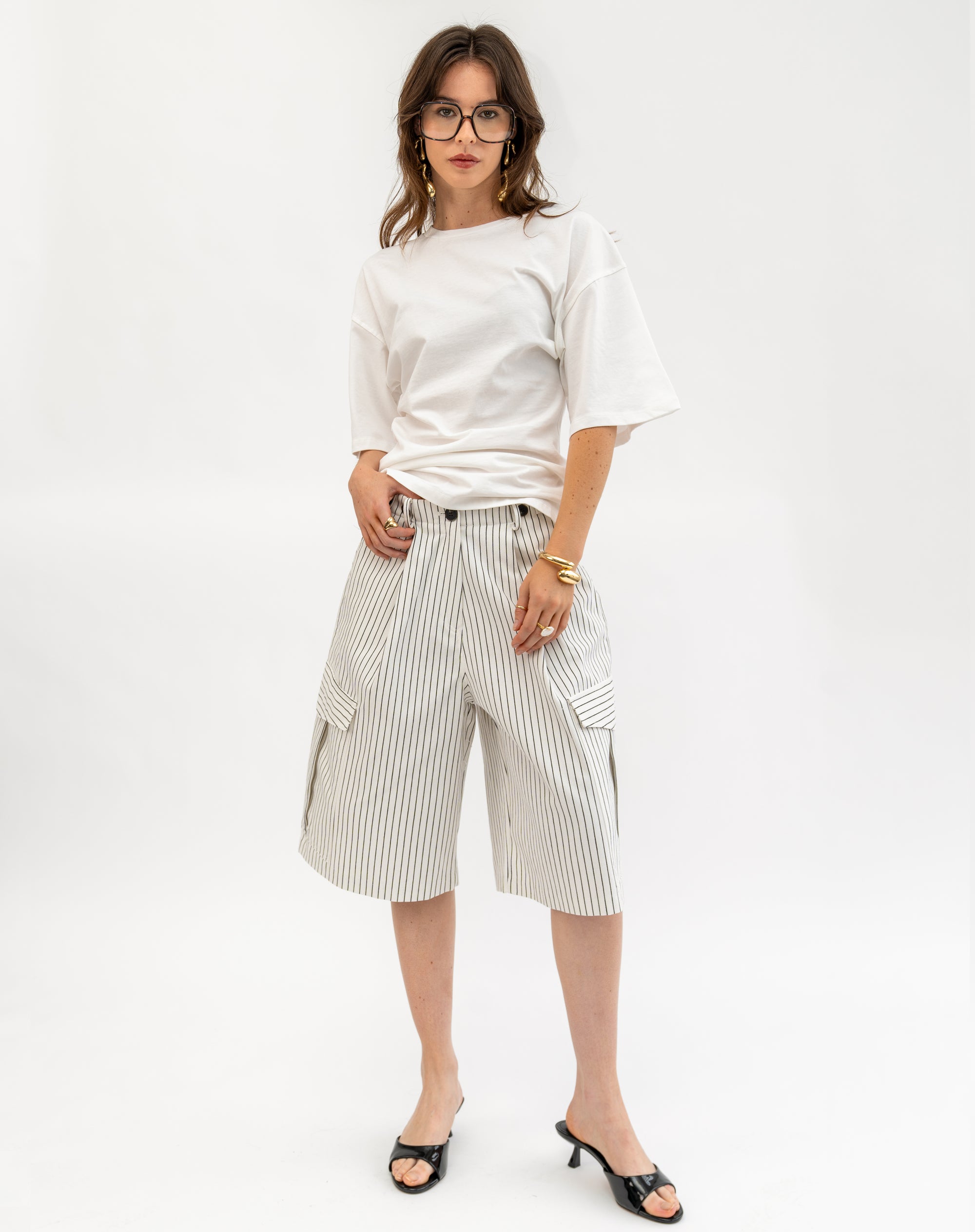 Silas Striped Utility Bermuda Pants, White