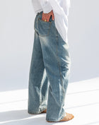 Micah Double Waistband Jeans. Mid Wash