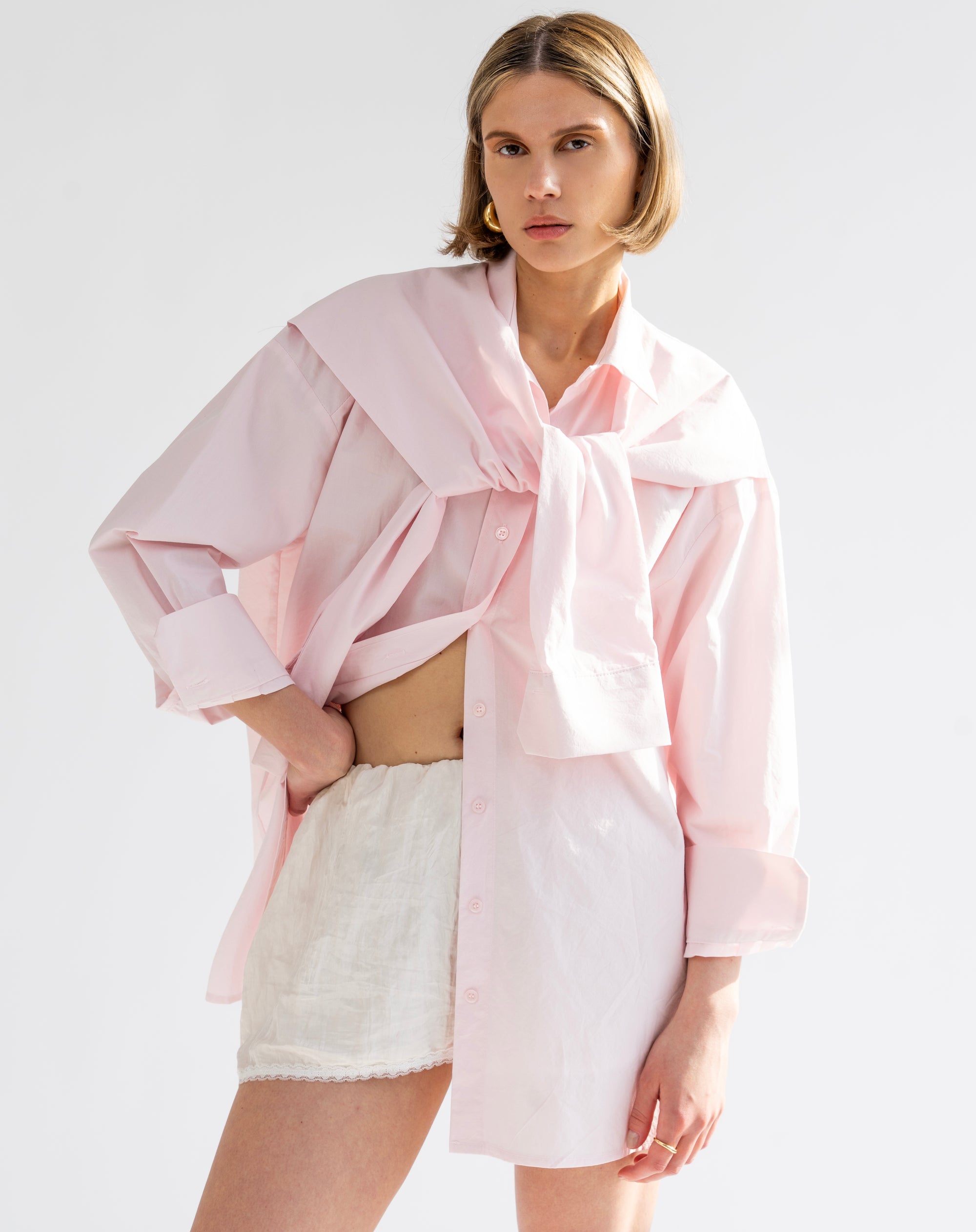 Soren Front Tie Oversized Shirt, Pink