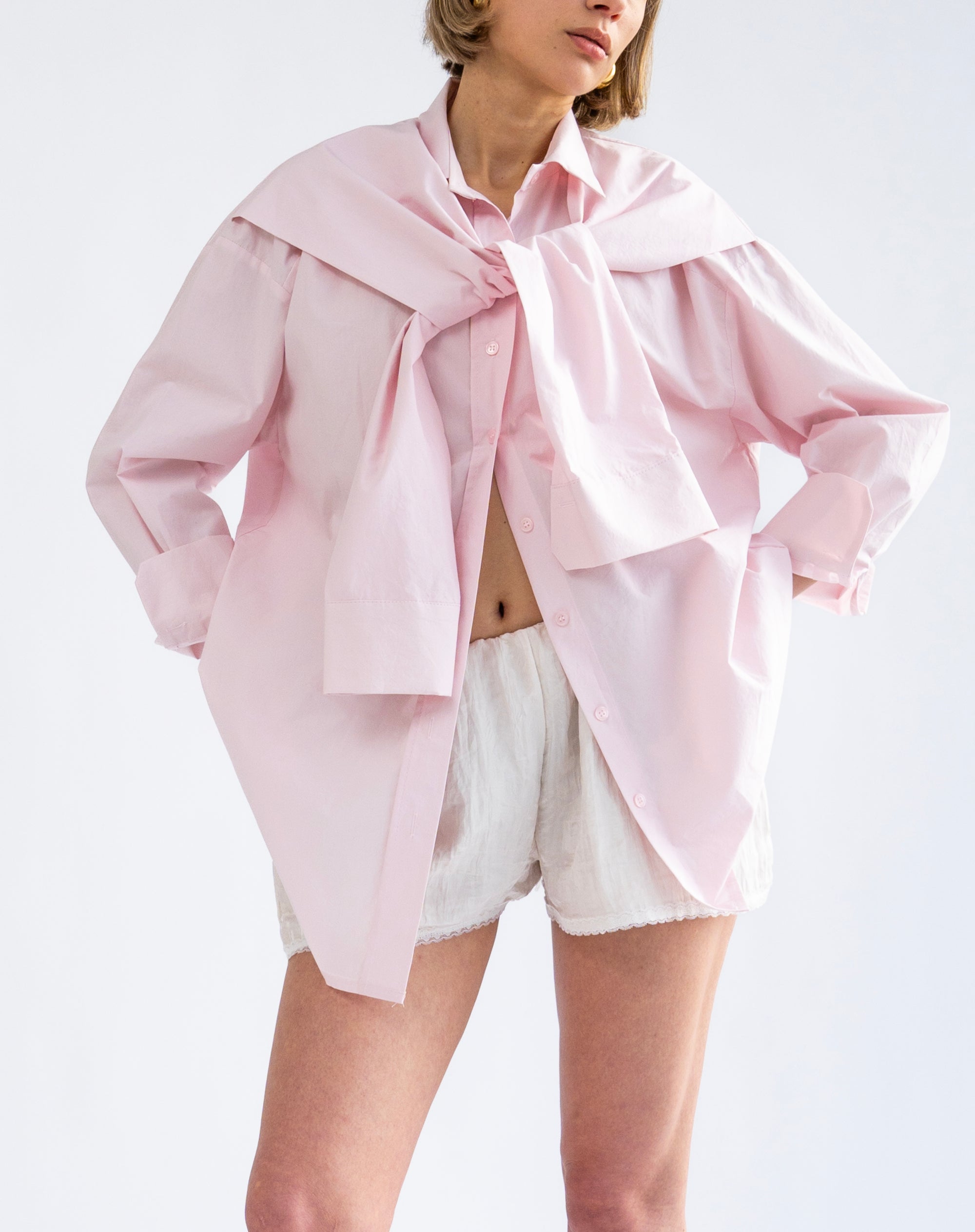 Soren Front Tie Oversized Shirt, Pink