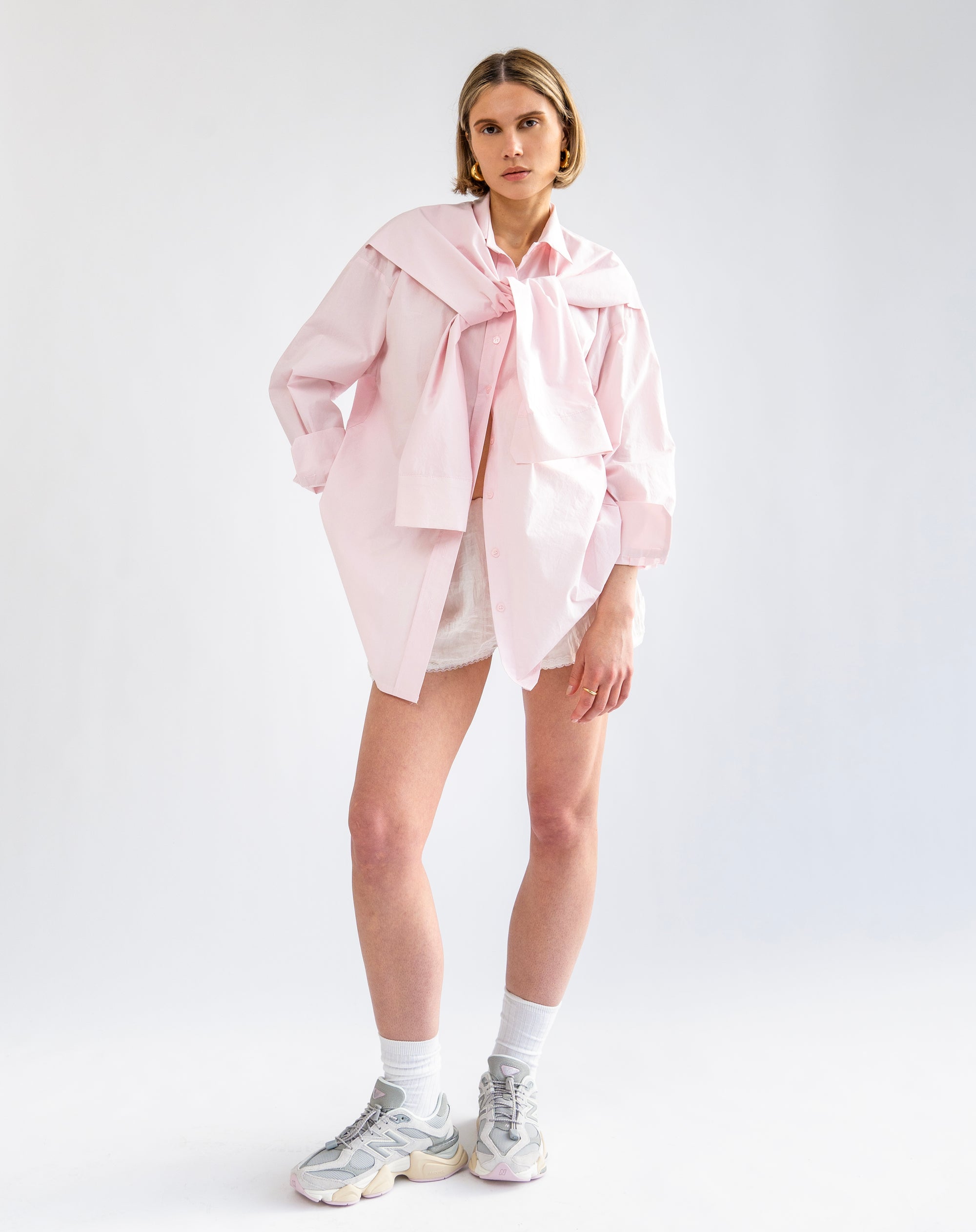 Soren Front Tie Oversized Shirt, Pink