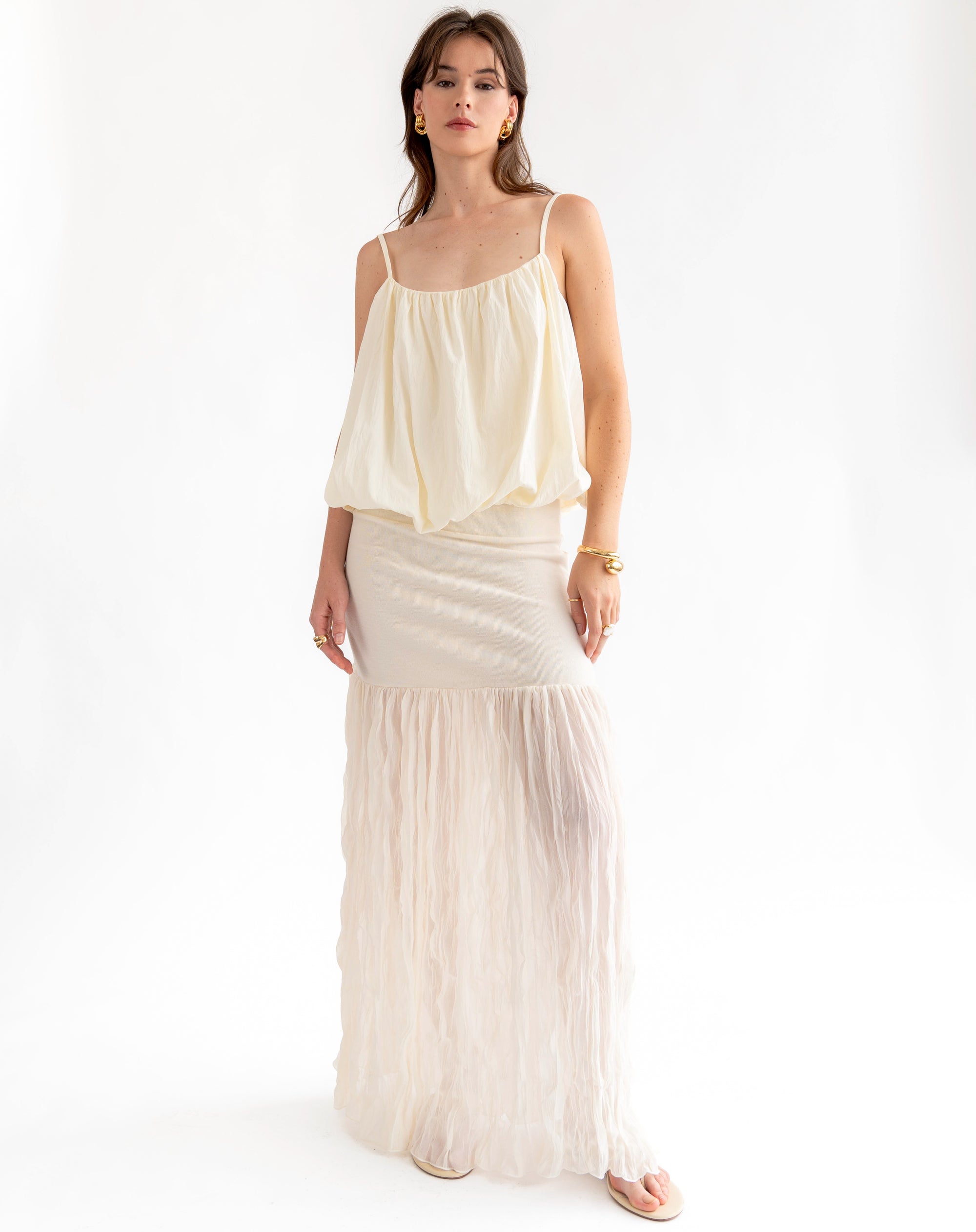 Serena Sleeveless Puffed Hem Top, Ivory