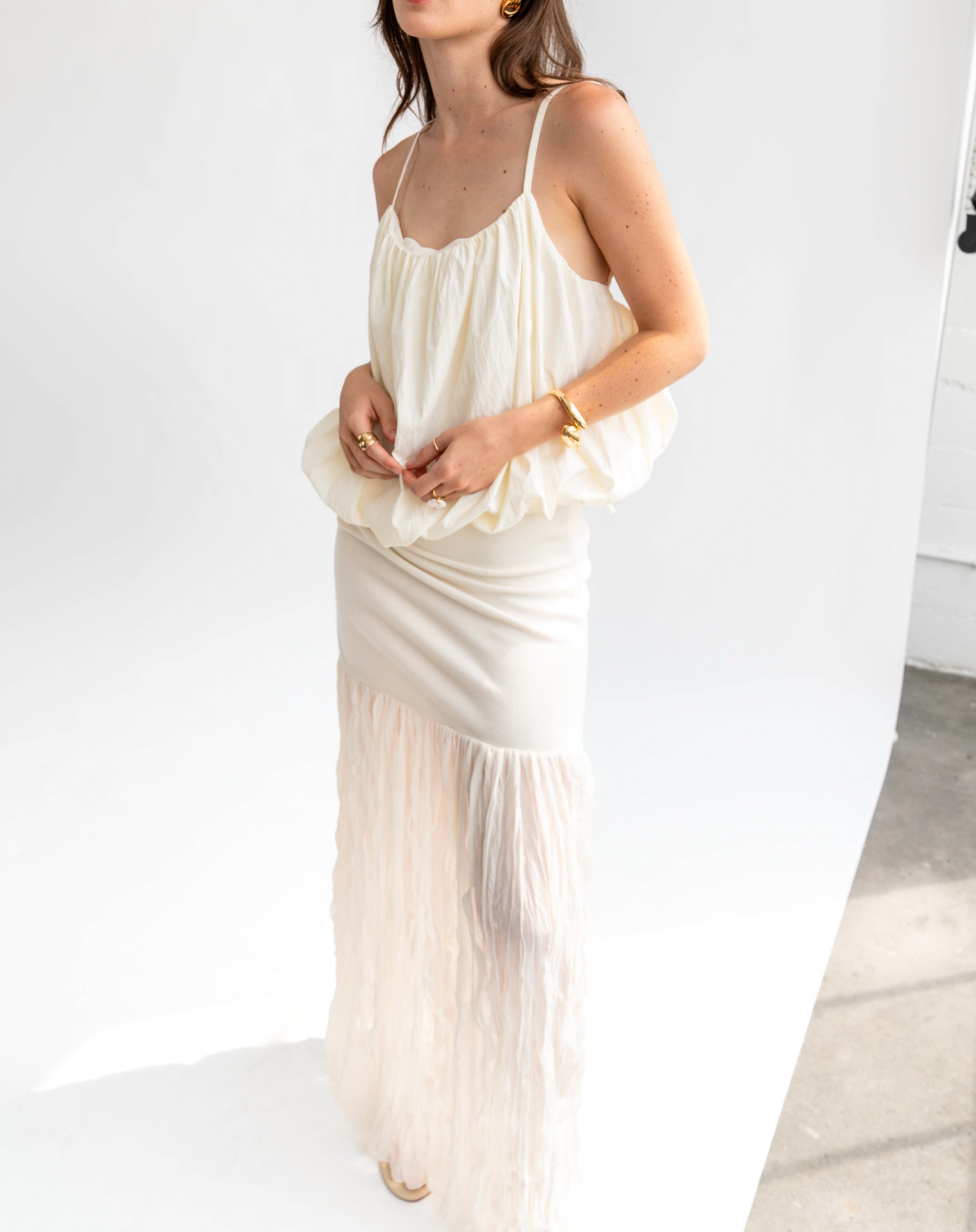 Harley Wrinkled Sheer Maxi Skirt, Ivory