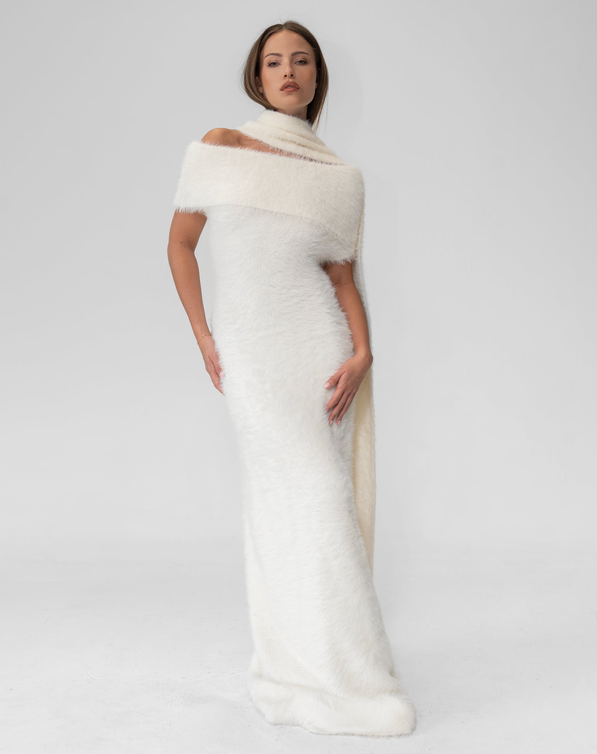 Alaina Scarf Sweater Dress, Cream