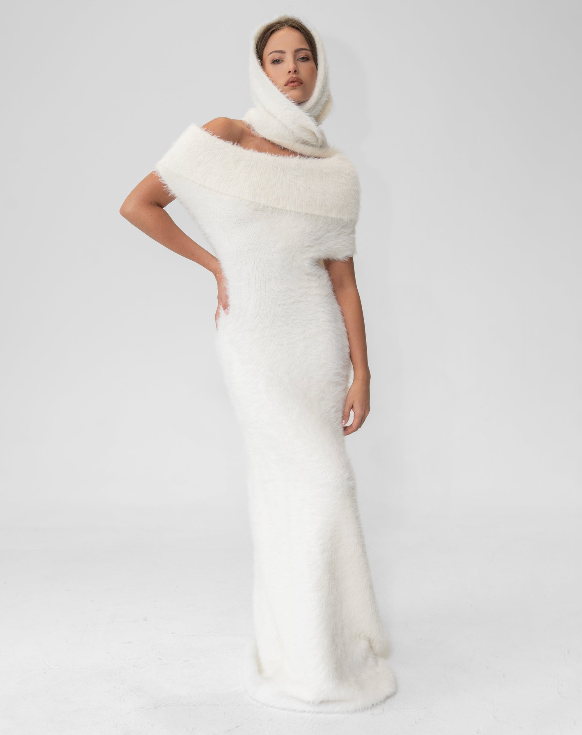 Alaina Scarf Sweater Dress, Cream