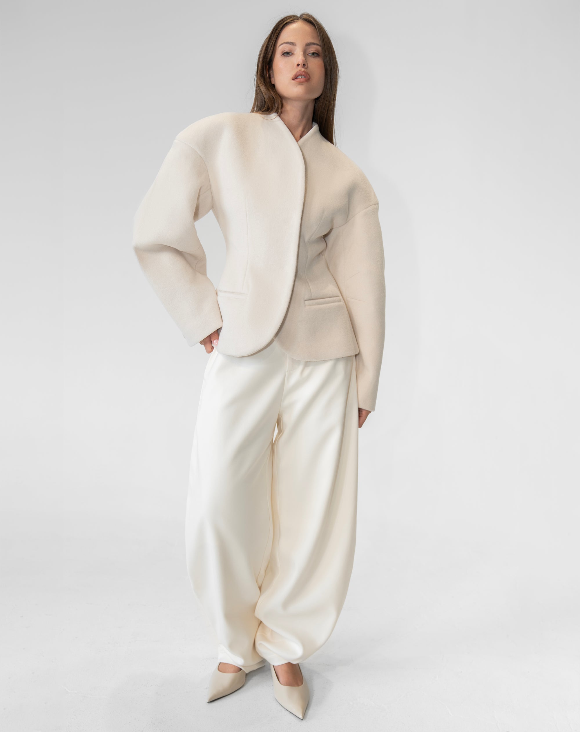 Hayden Cinched Wool Blazer, Cream