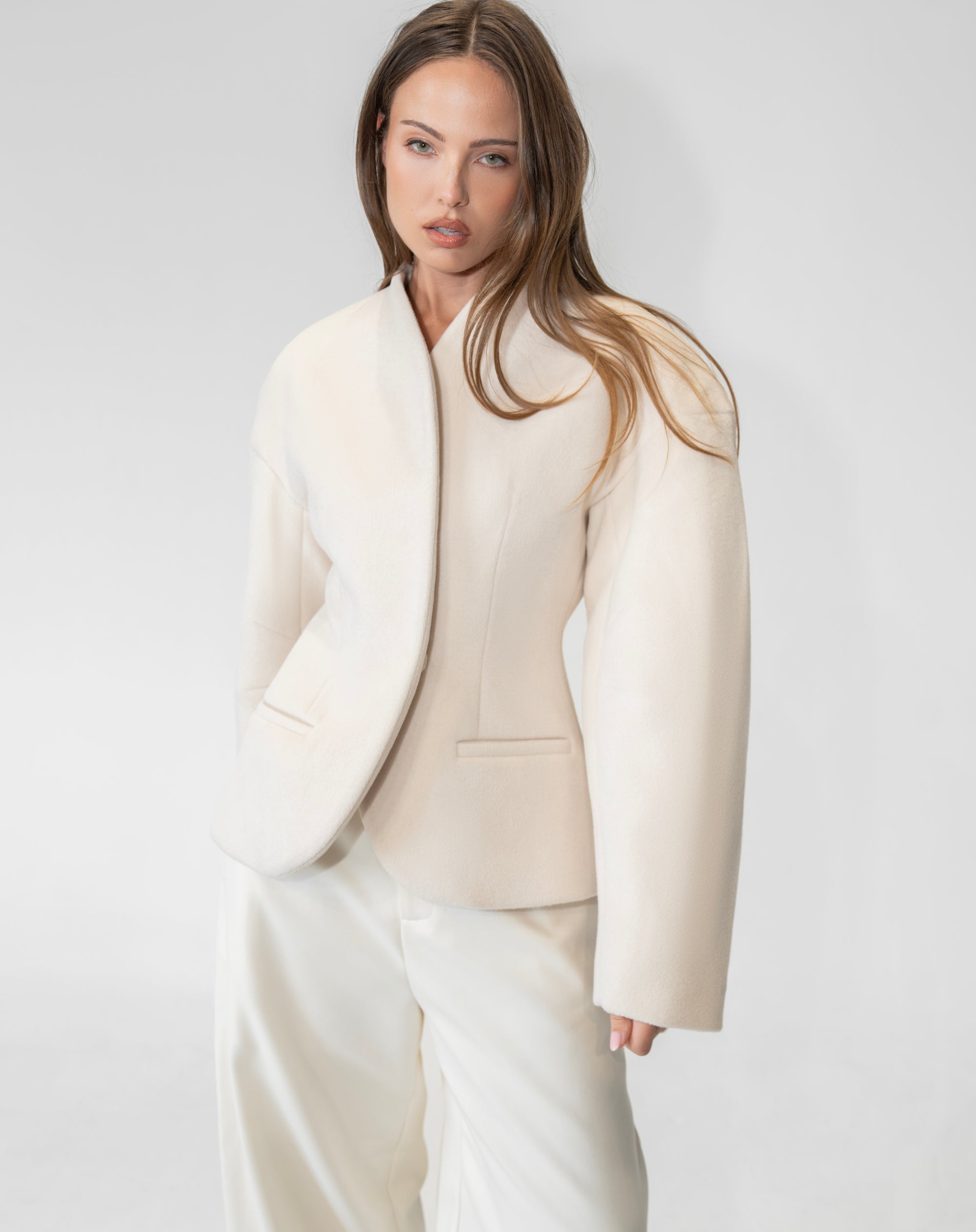 Hayden Cinched Wool Blazer, Cream