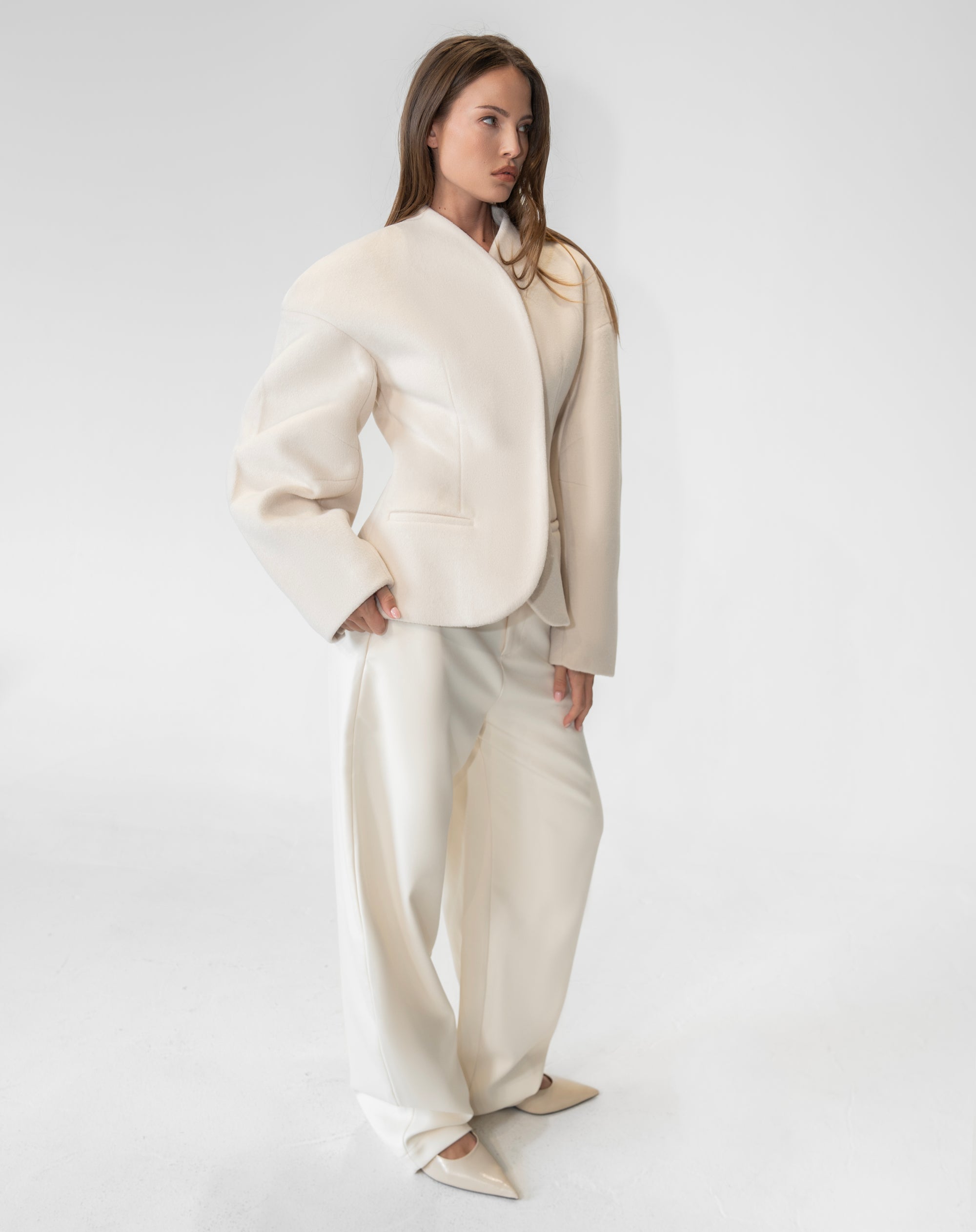 Hayden Cinched Wool Blazer, Cream