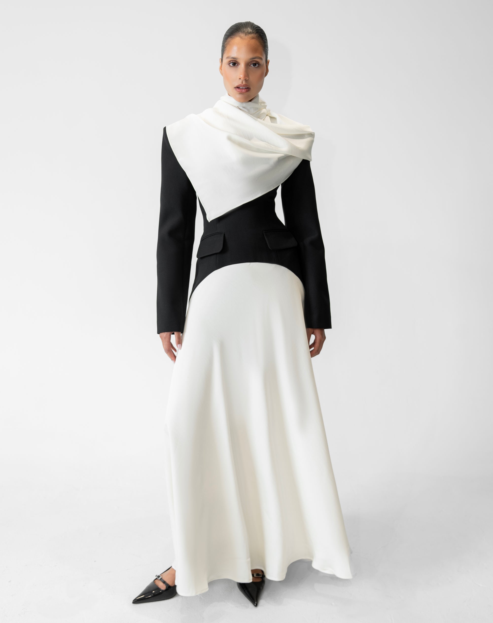 Phoebe Dress With Scarf, Black/White