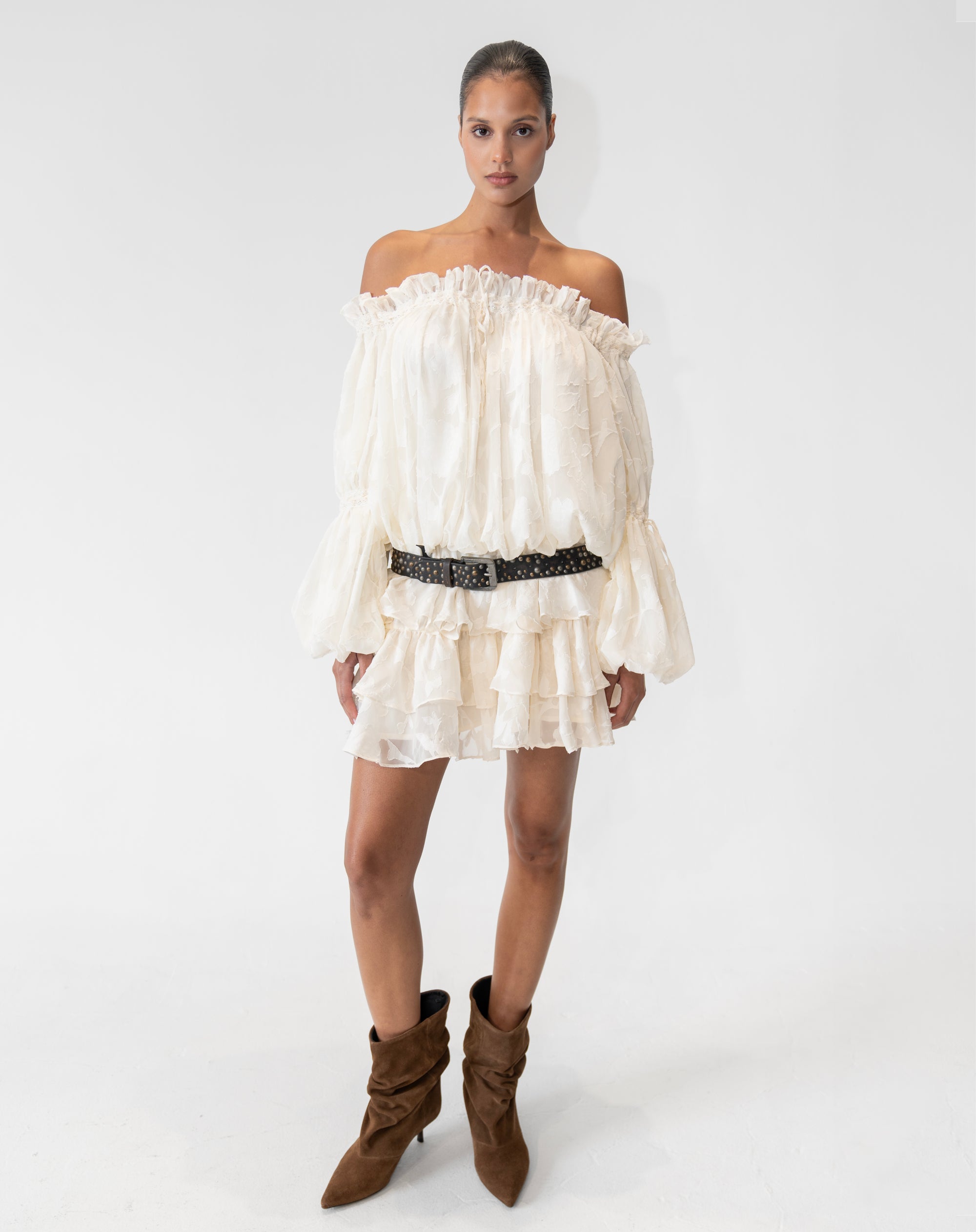 Chemisier froncé à épaules dénudées Elora, pêche