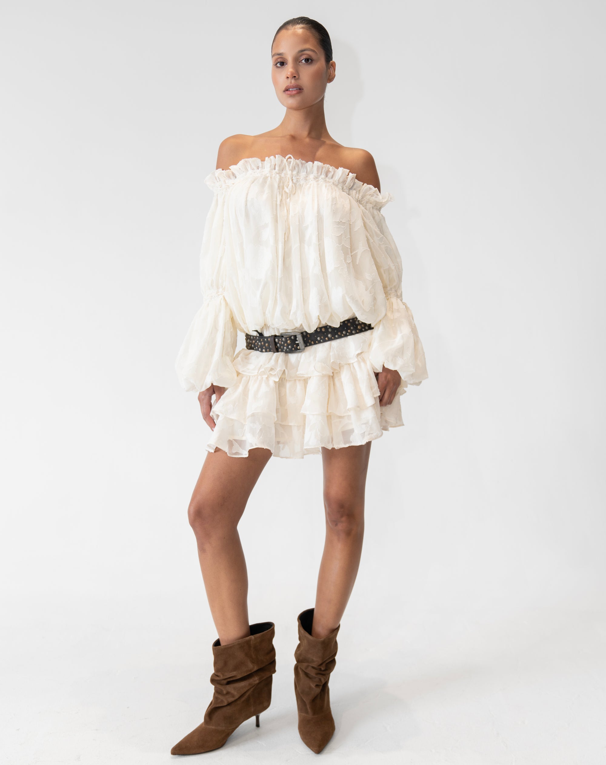 Chemisier froncé à épaules dénudées Elora, pêche