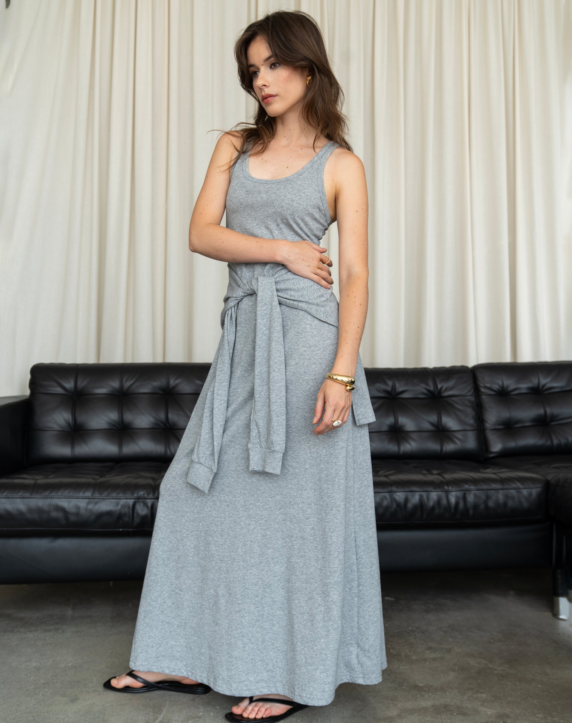 Ivy Sleeveless Self Tie Midi Dress, Grey