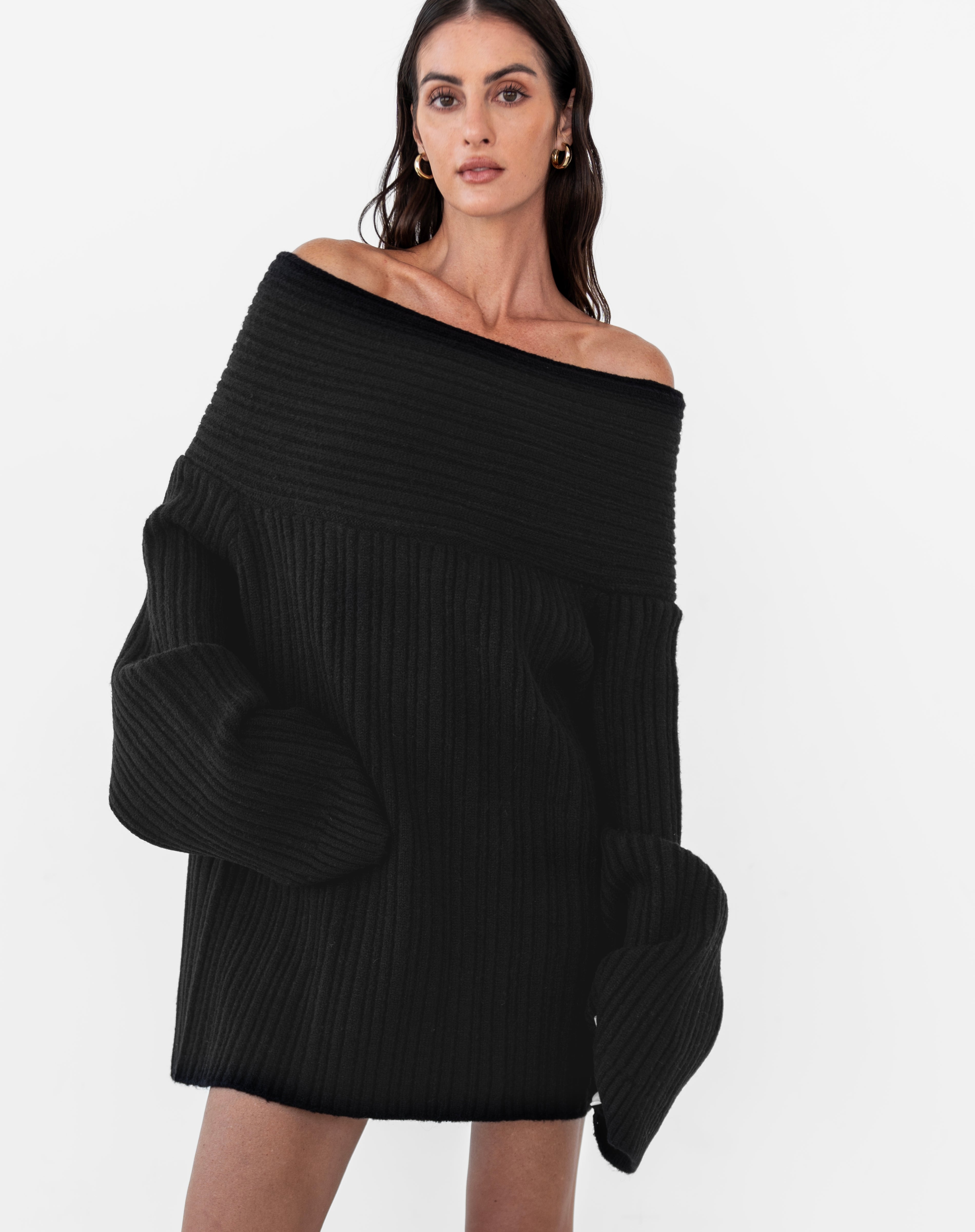 Evander Off Shoulder Sweater Dress, Black