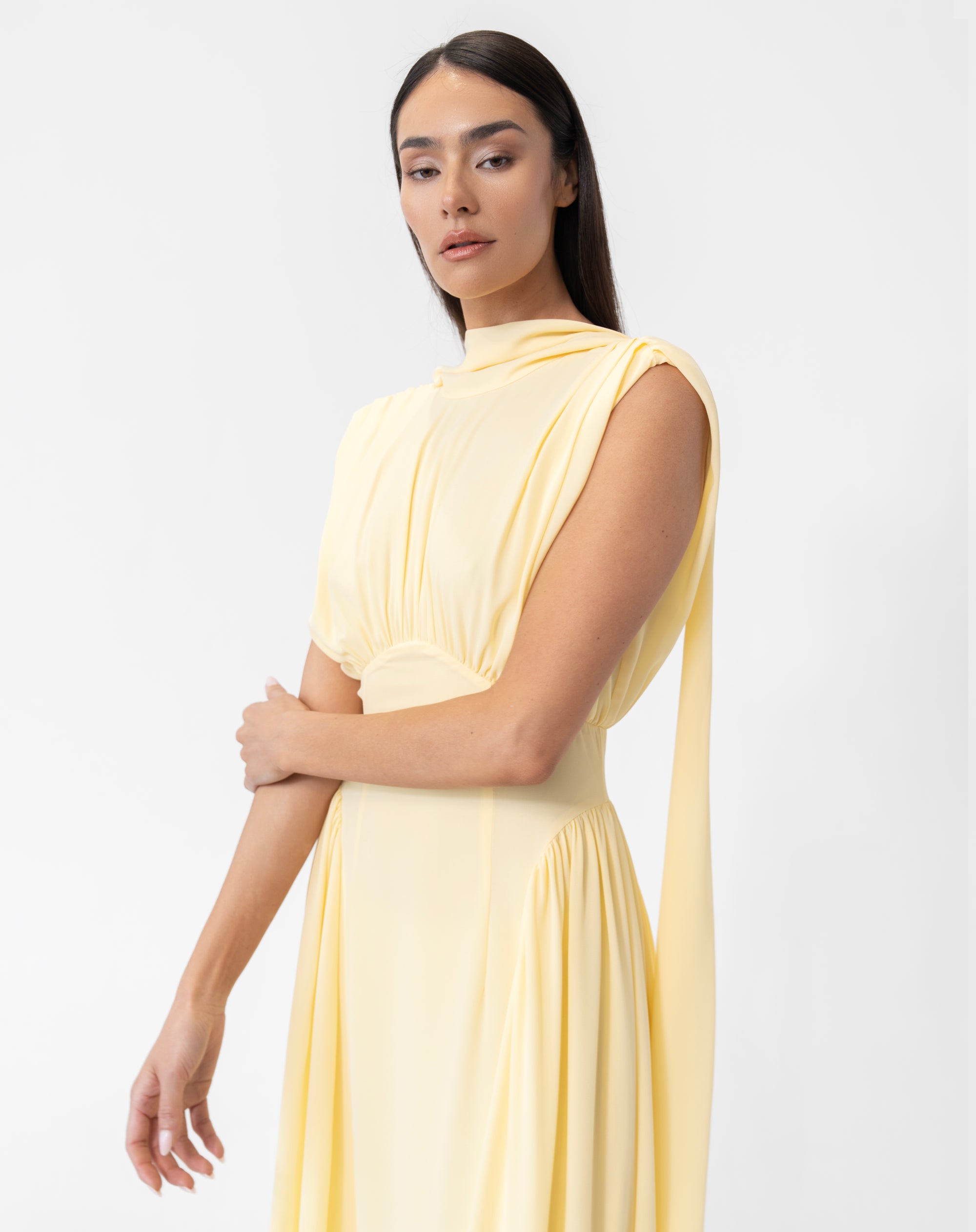 yellow satin scarf dress Yellow Satin Scarf Maxi Dress One-Shoulder Formal Gown