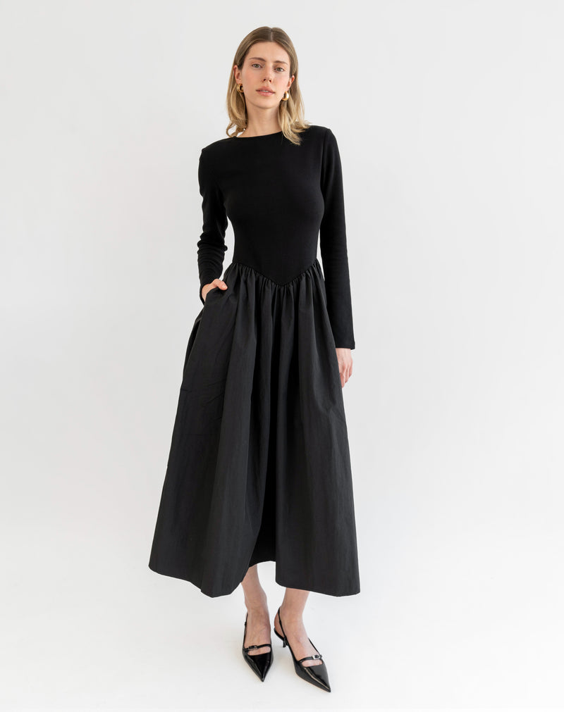 Kira Basque Waist Maxi Dress, Black