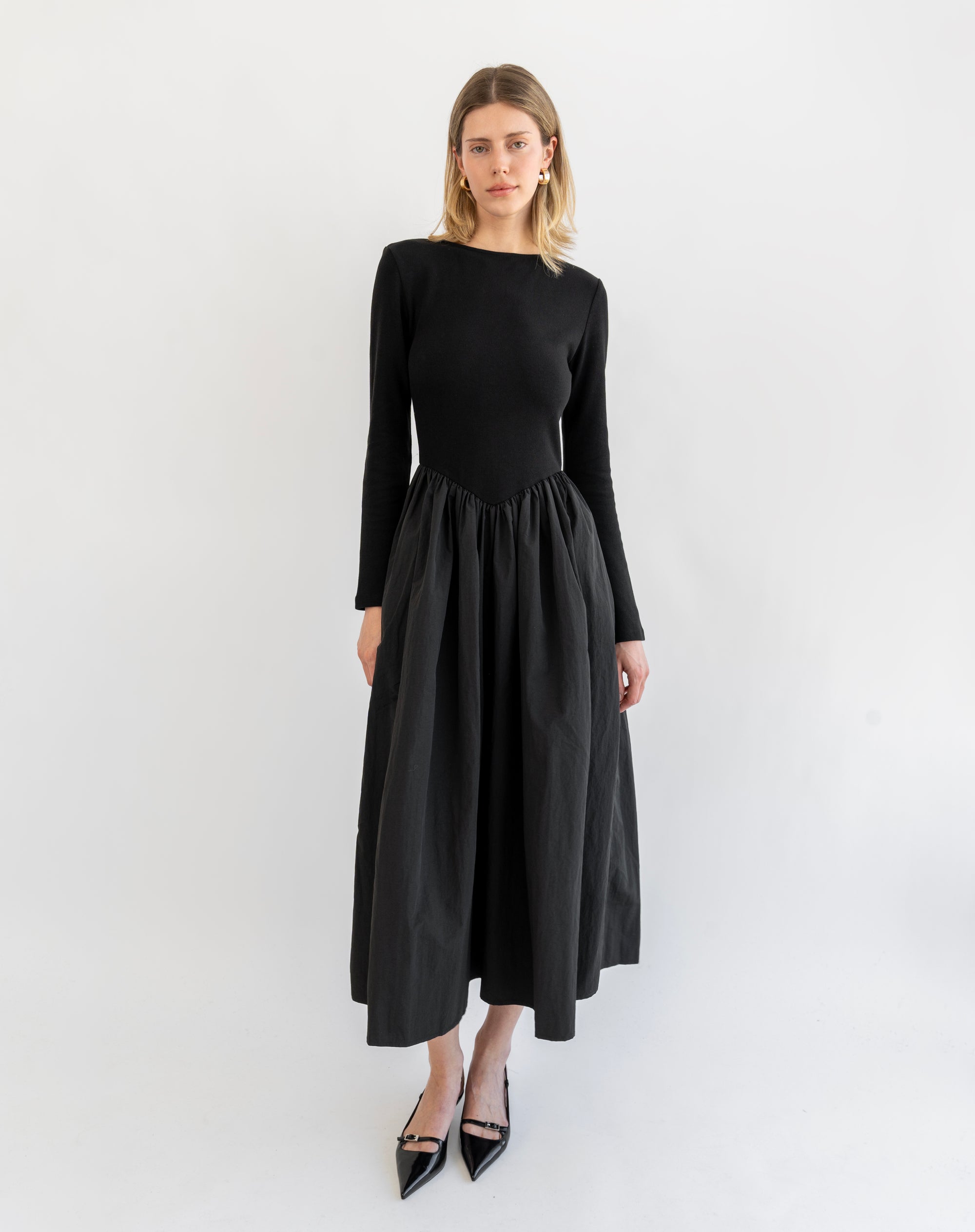 Kira Basque Waist Maxi Dress, Black