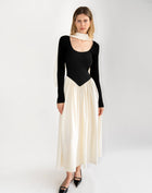 Claire Scarf Basque Waist Dress, Black/Ivory