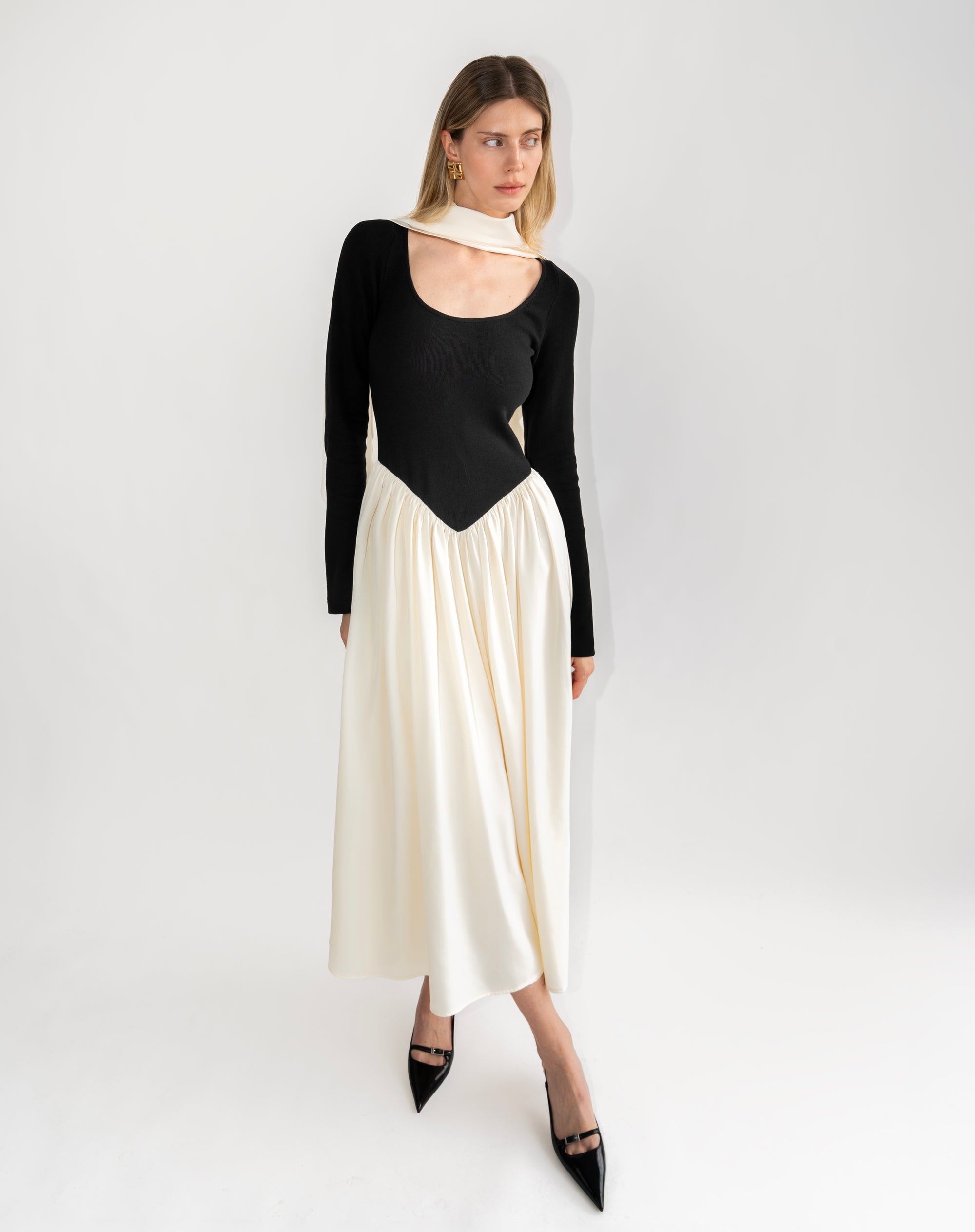 Claire Scarf Basque Waist Dress, Black/Ivory