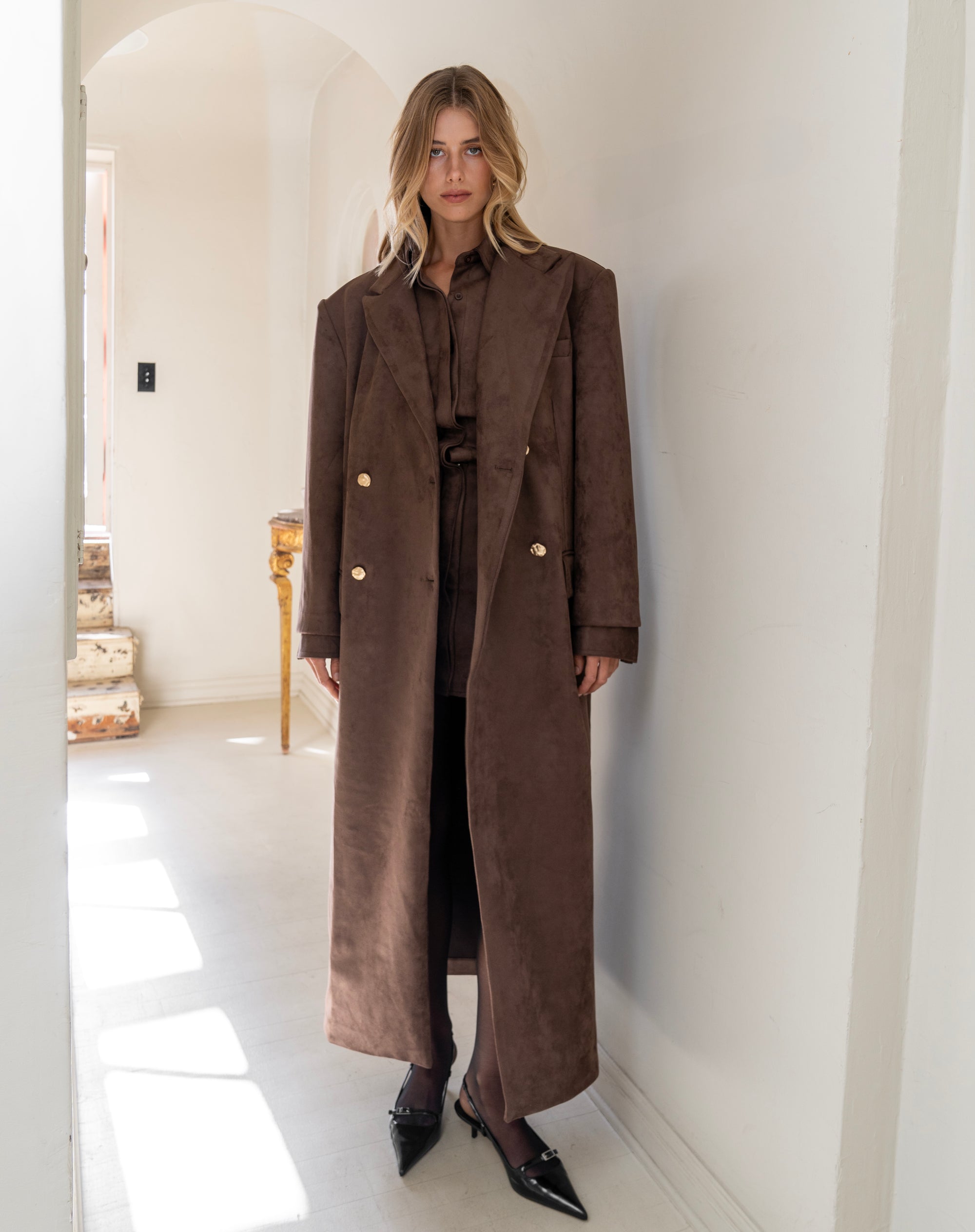 Rowan Faux Suede Oversized Maxi Coat, Dark Brown