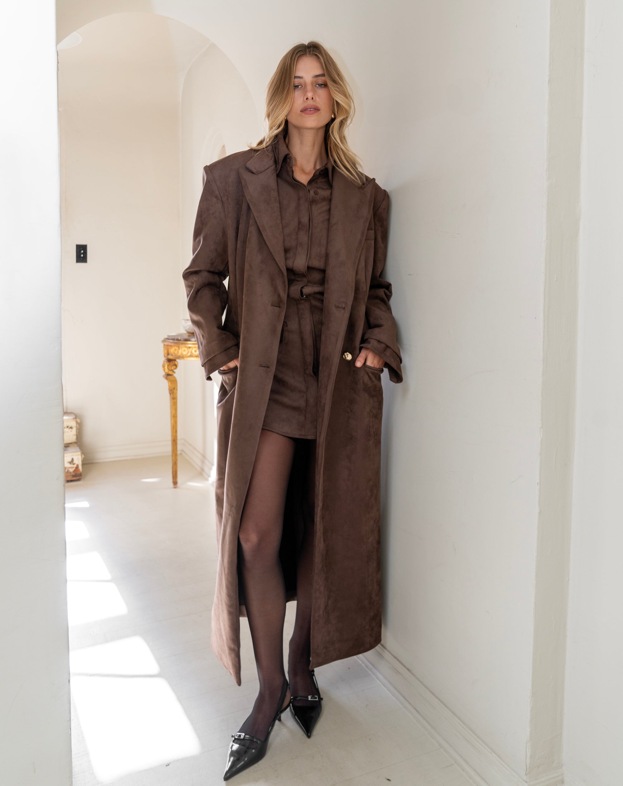 Rowan Faux Suede Oversized Maxi Coat, Dark Brown