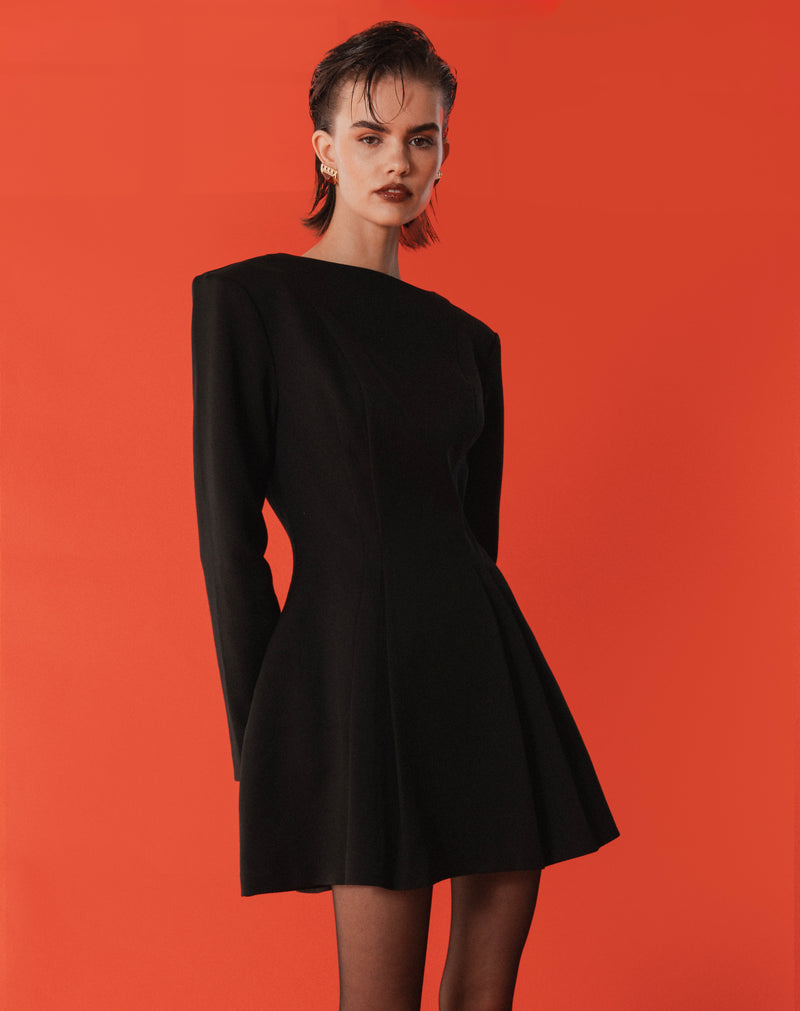 Myra Oversized Shoulder Tailored Mini Dress, Black