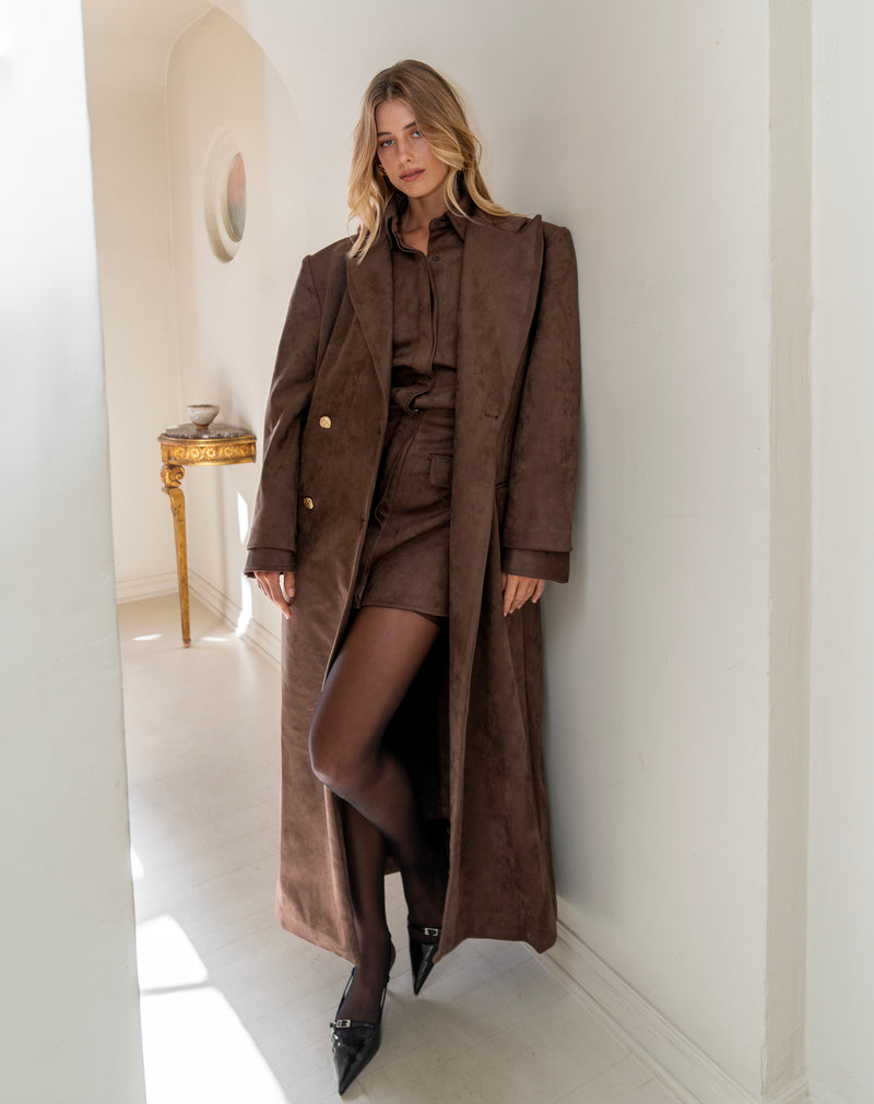 Rowan Faux Suede Oversized Maxi Coat, Dark Brown