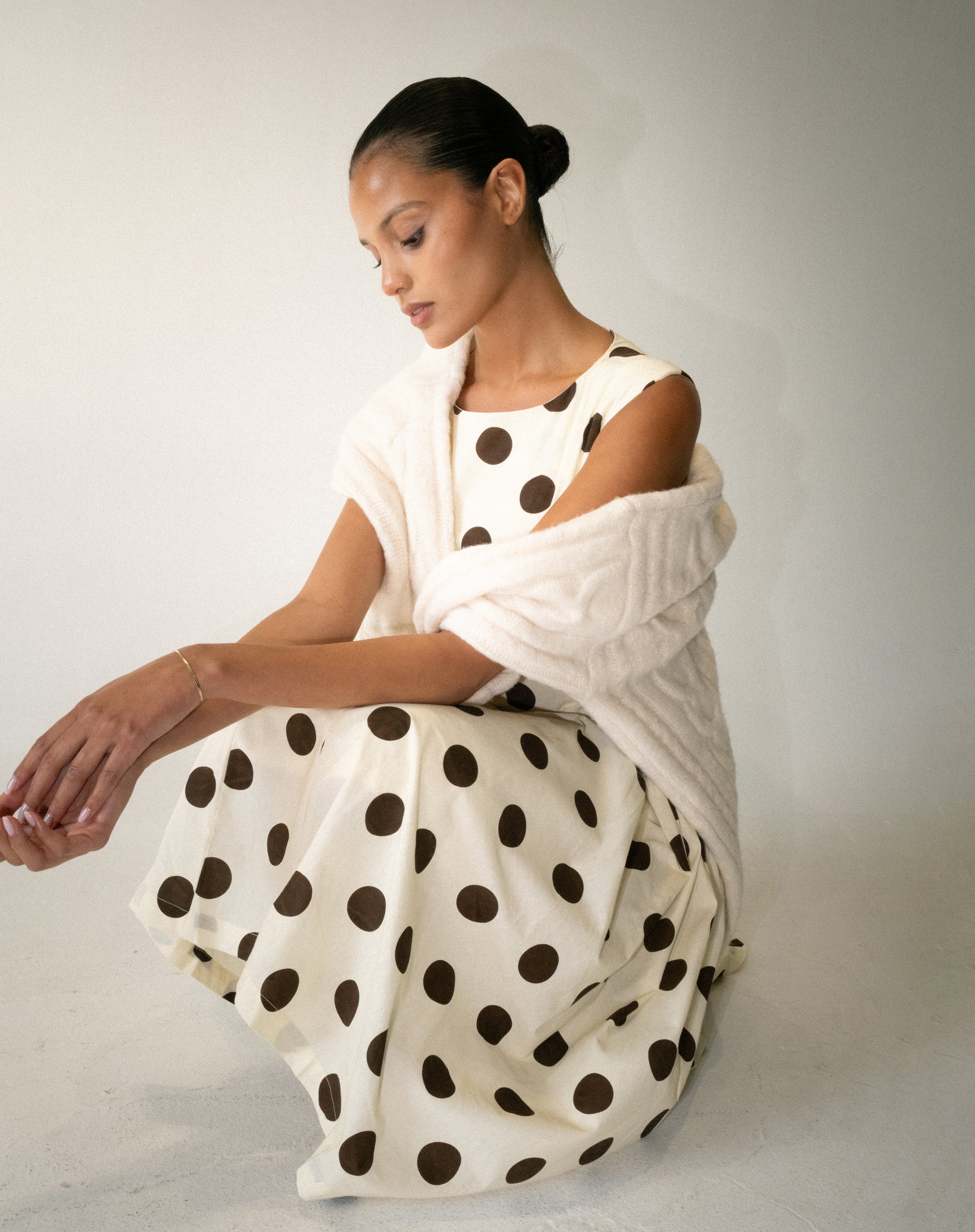 white brown polka dot dress White Polka Dot Bandeau Fit-and-Flare Midi Dress