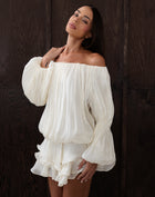 Blusa fruncida con hombros descubiertos Elora, color melocotón