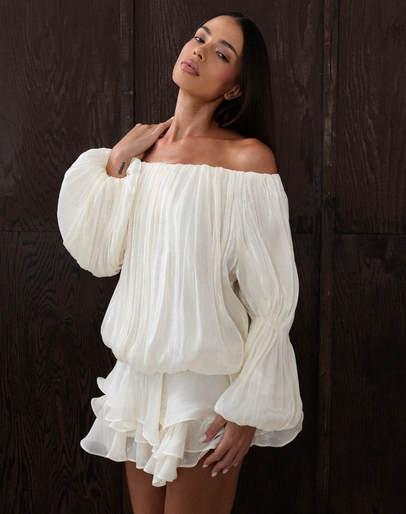 Blusa fruncida con hombros descubiertos Elora, color melocotón